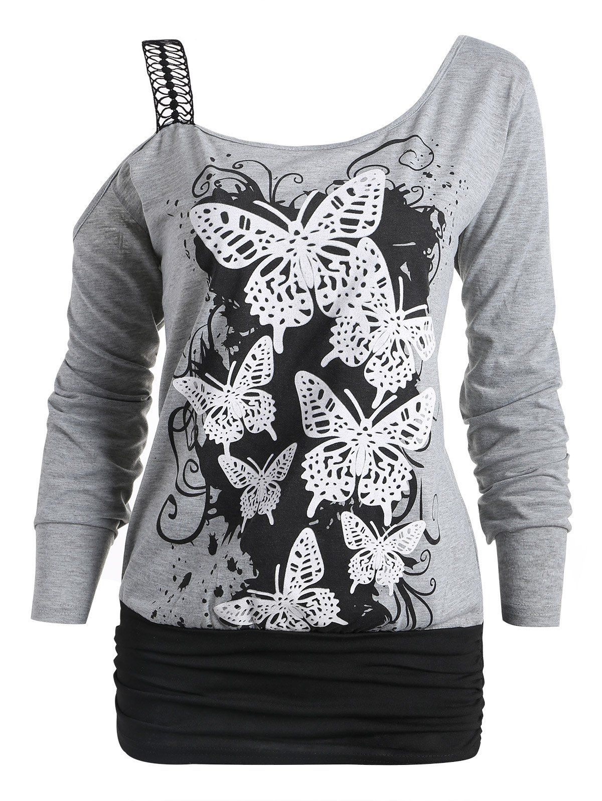 

Butterfly Print One Cold Shoulder Long Sleeve T-shirt, Gray