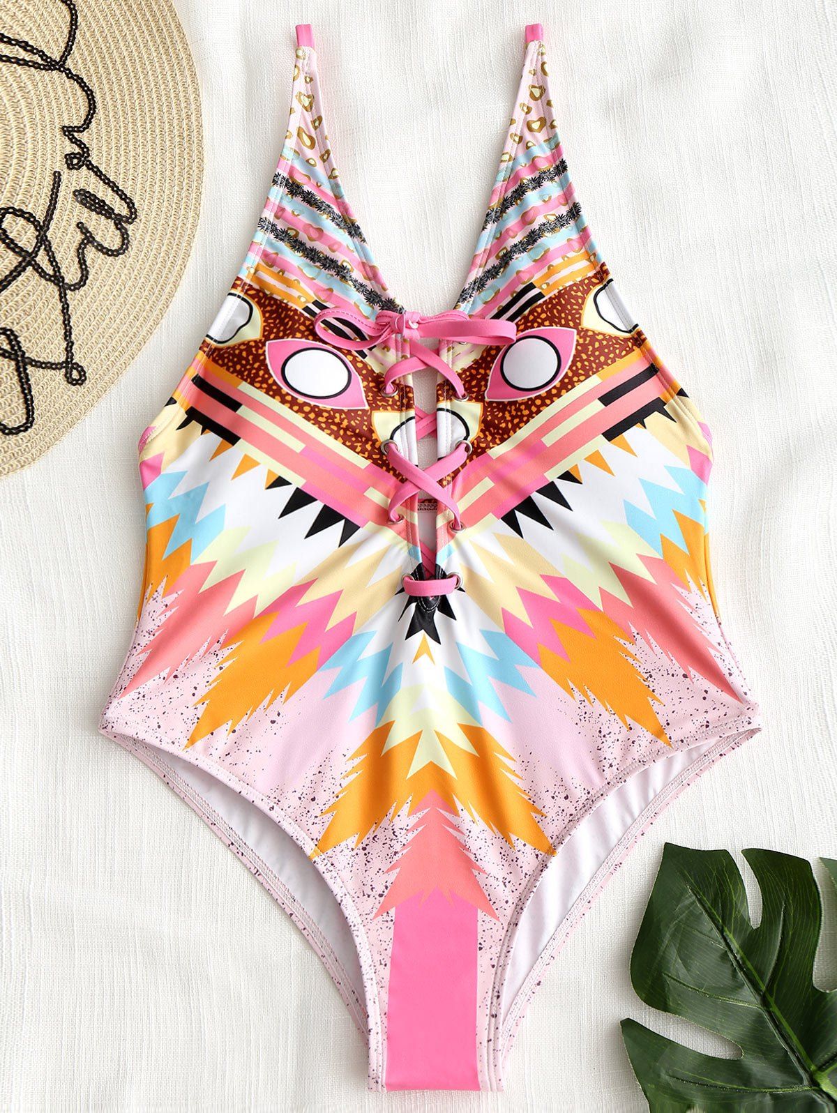 

High Leg Lace-up Printed Swimsuit, Colormix