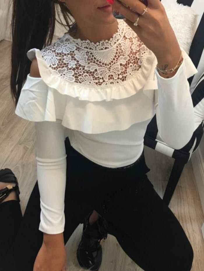 

Lace Panel Ruffle Long Sleeve Top, White