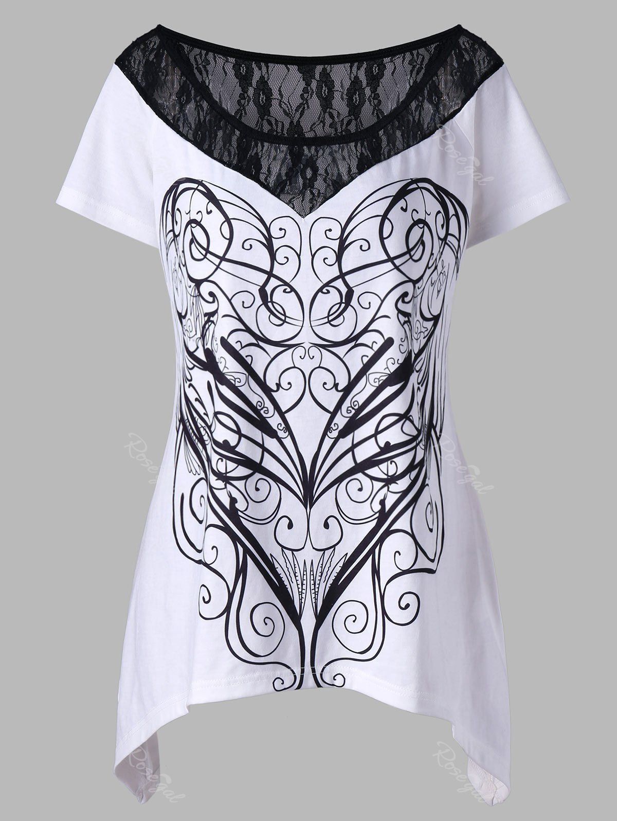 

Plus Size Monochrome Lace Trim T-shirt, White and black