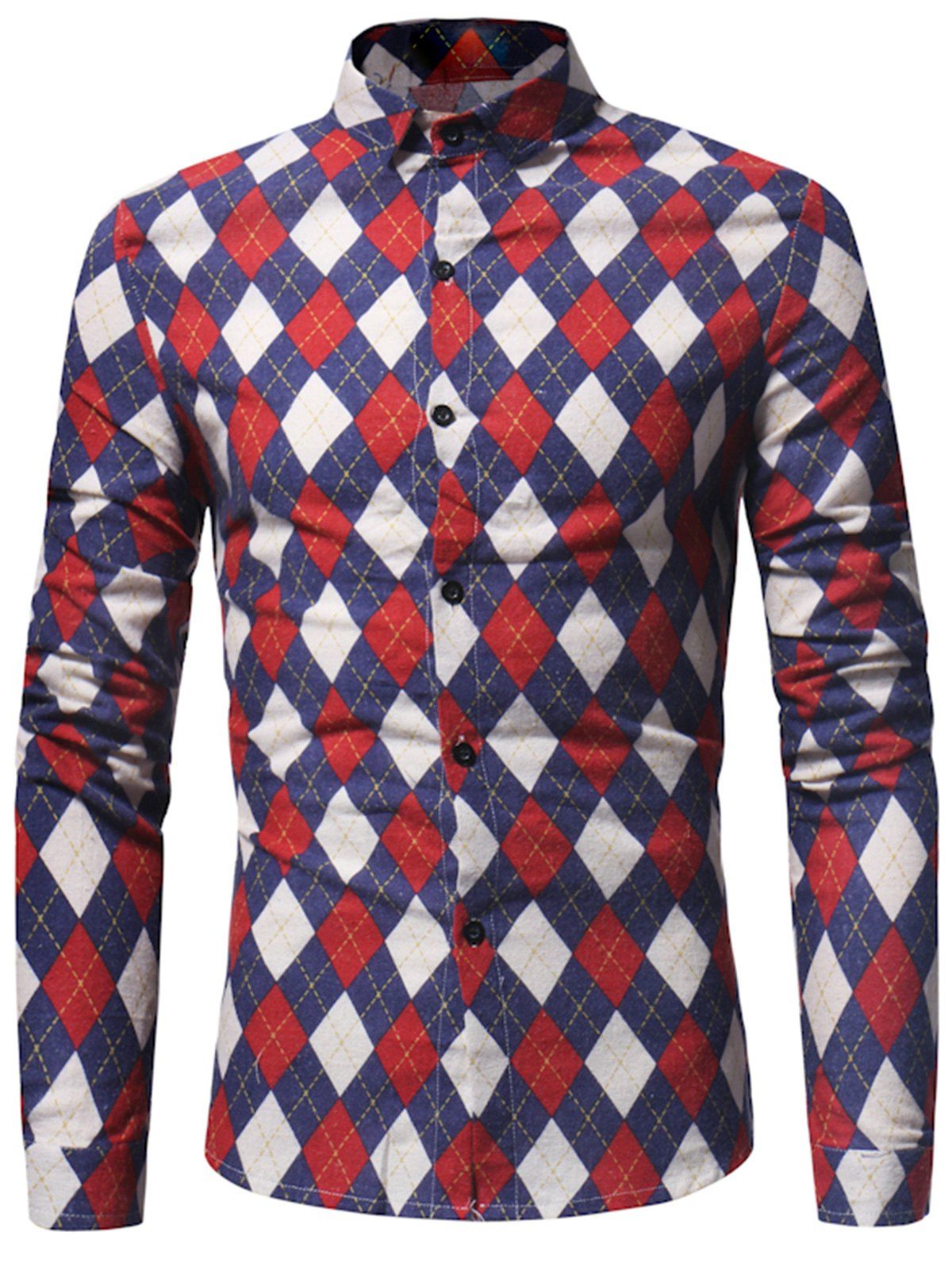 

Turn-down Collar Casual Argyle Shirt, Red