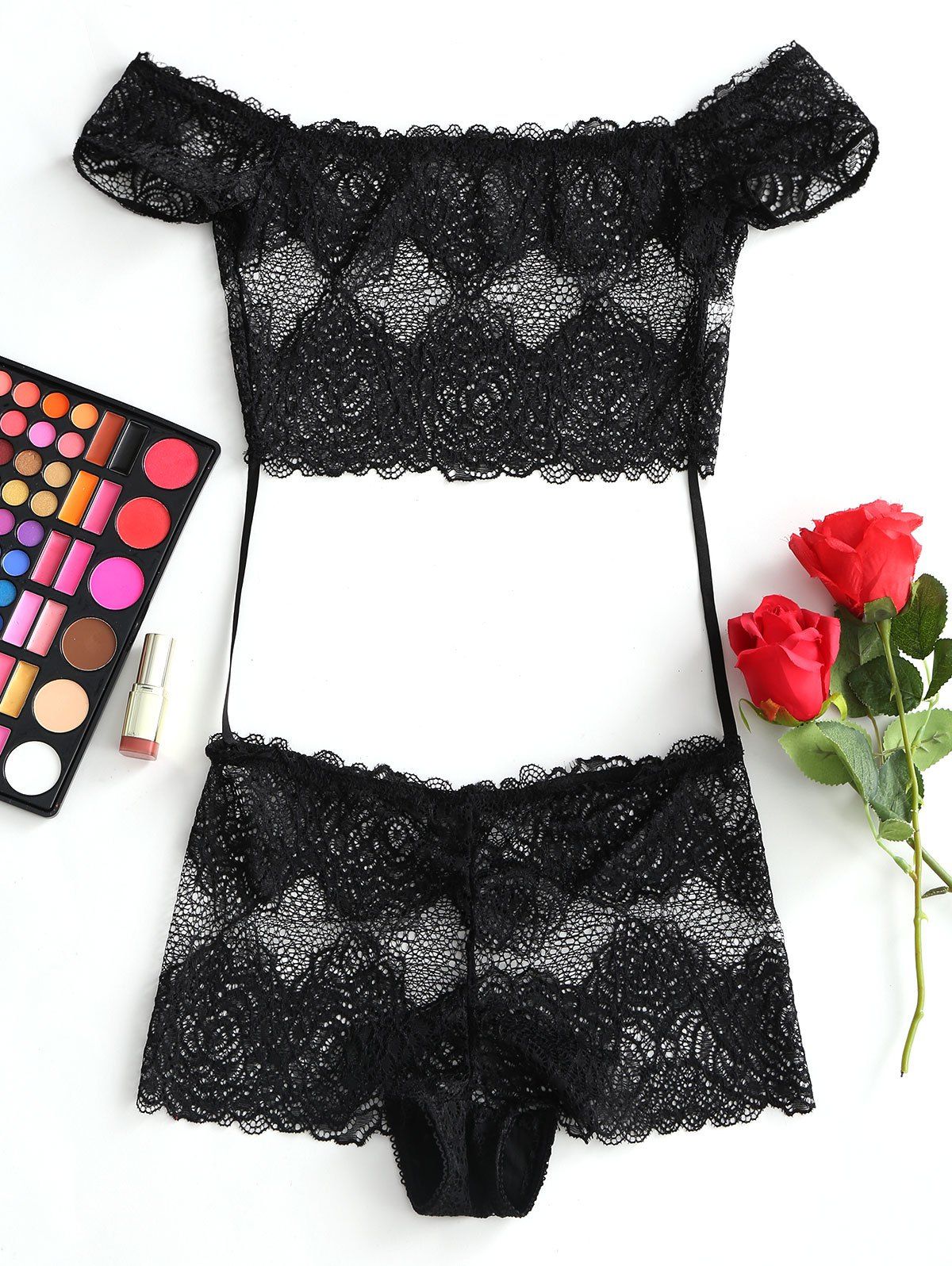 

Valentine Off The Shoulder Cutout Lace Teddy, Black
