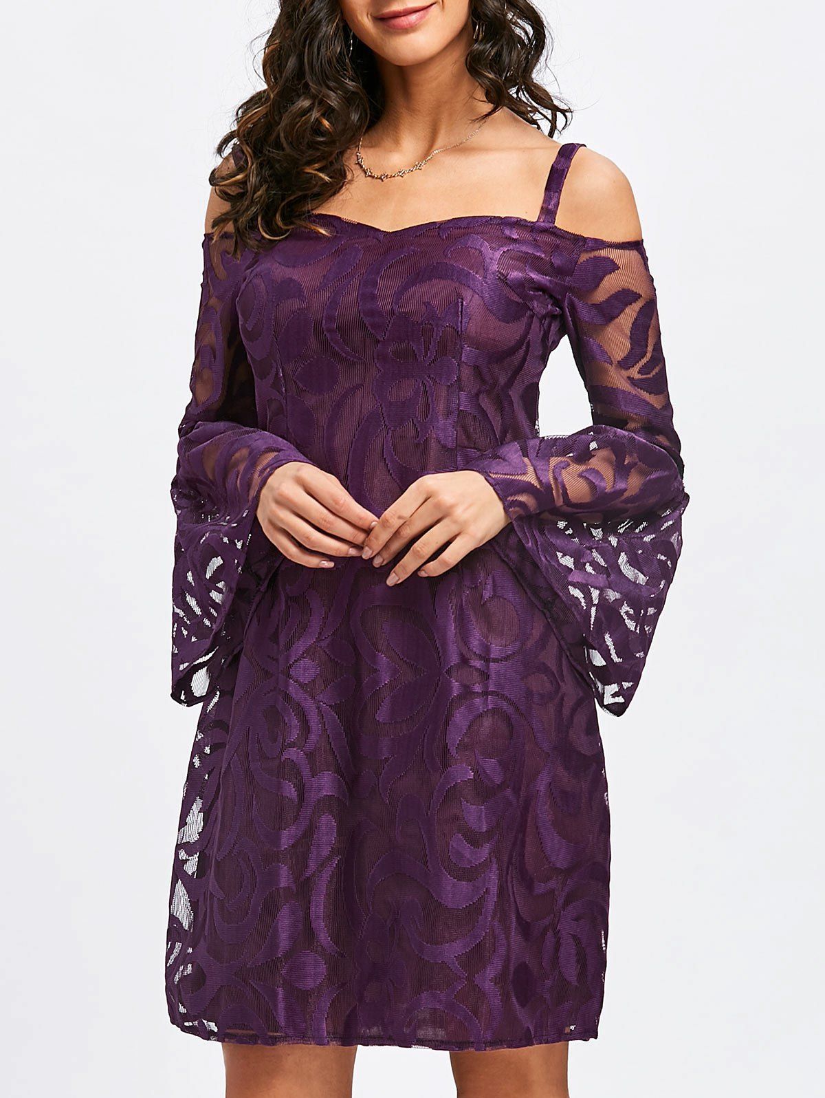 [50 OFF] Cold Shoulder Bell Sleeve Lace Bodycon Dress Rosegal