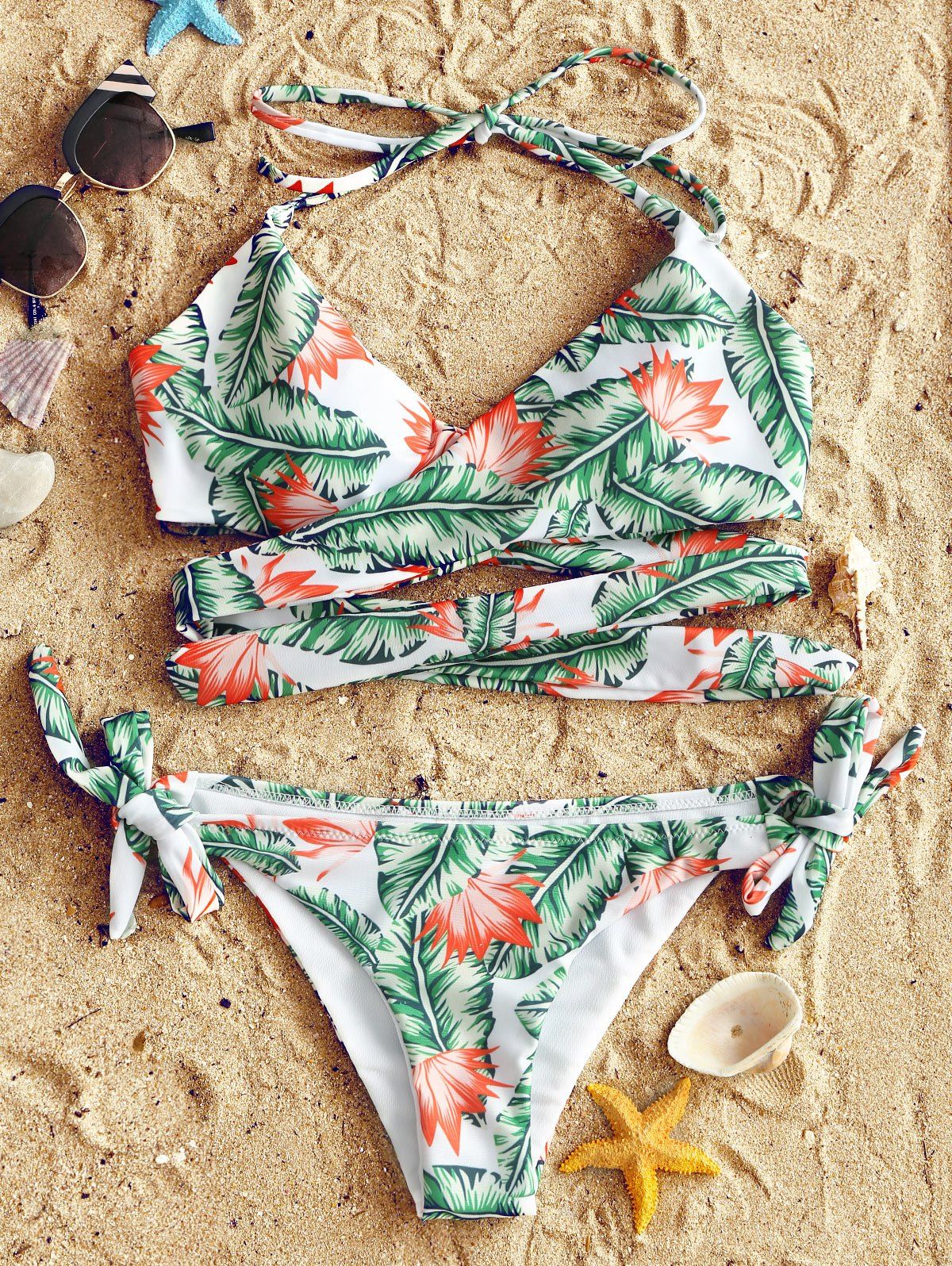 [32% OFF] Tropical Floral Print Wrap Bikini Swimsuit | Rosegal