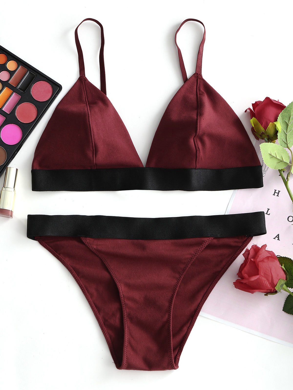 

Valentine Contrast Plunge Bra and Thong Set, Wine red