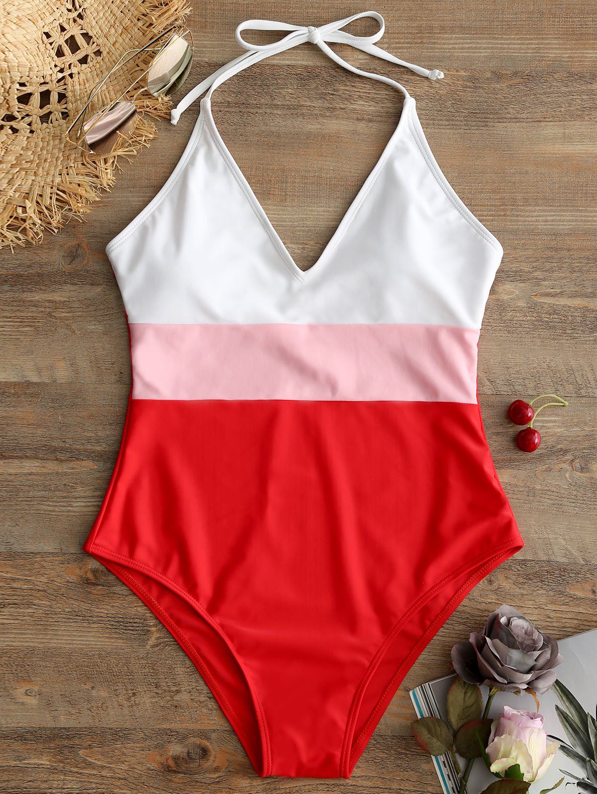 

Halter Backless Color Block Swimsuit, Red
