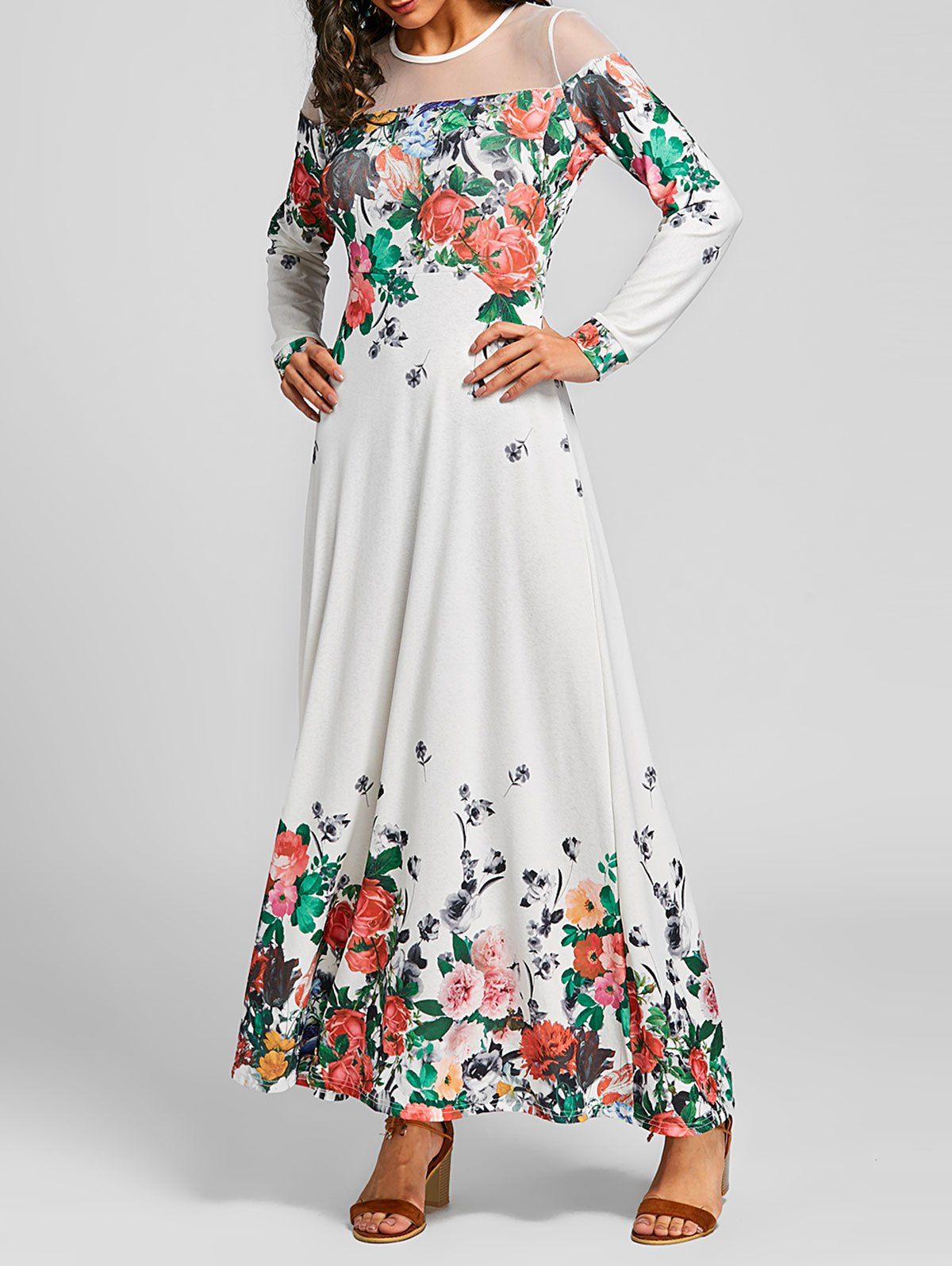

Mesh Insert Floral Maxi Dress, White