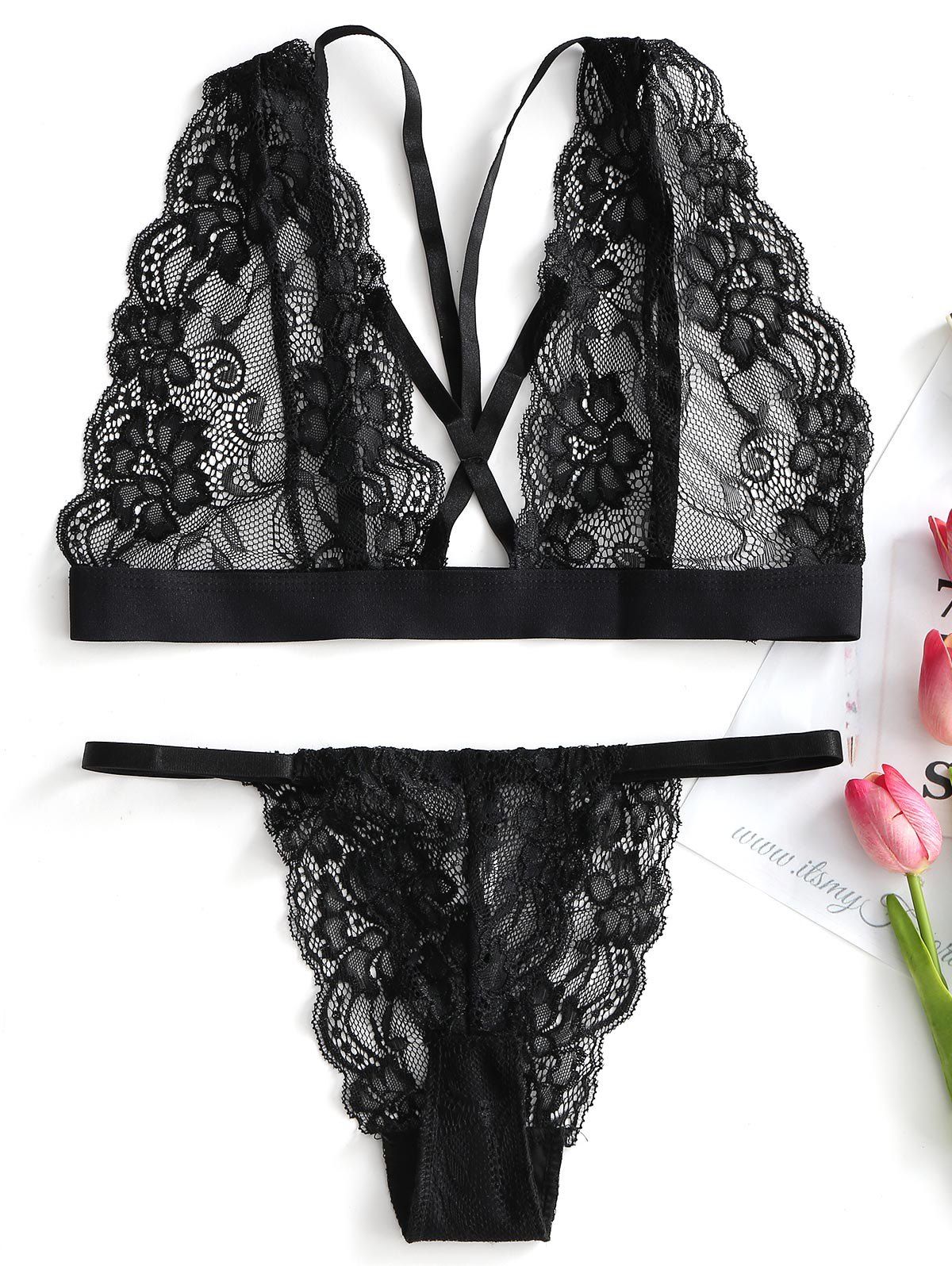 

Valentine Lace Cutout Bra and G-string Set, Black