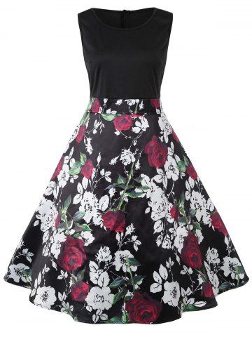 Black 5xl Valentines Day Roses Print Sleeveless Flare Dress