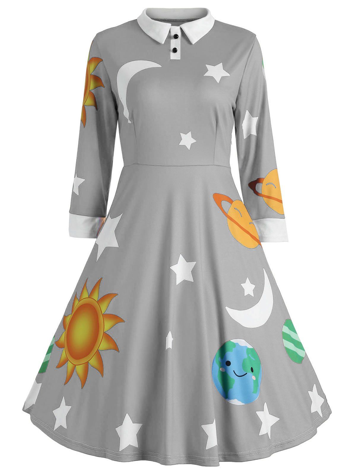 

Vintage Flare Sun and Moon Print Dress, Gray