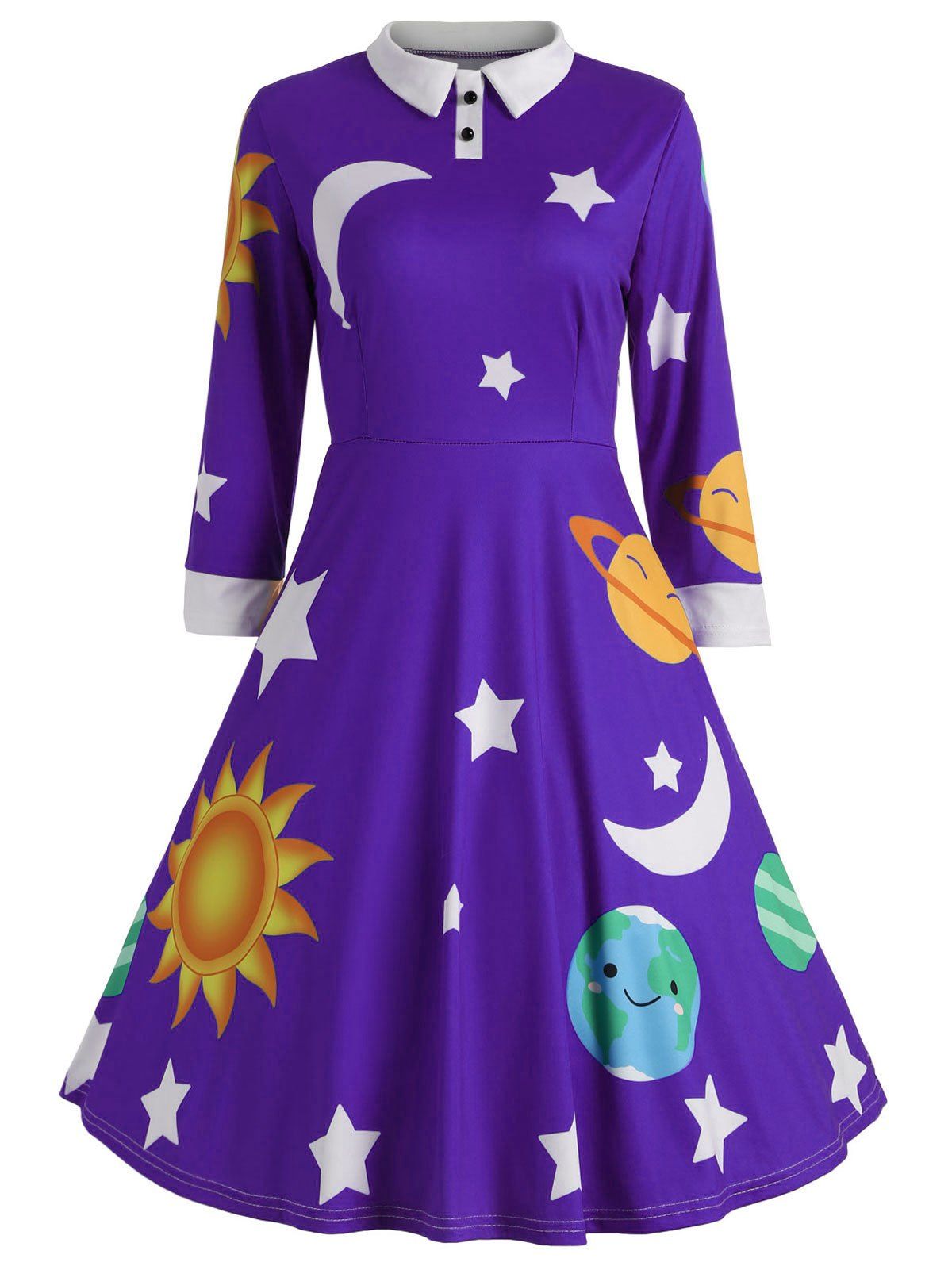 

Vintage Flare Sun and Moon Print Dress, Purple