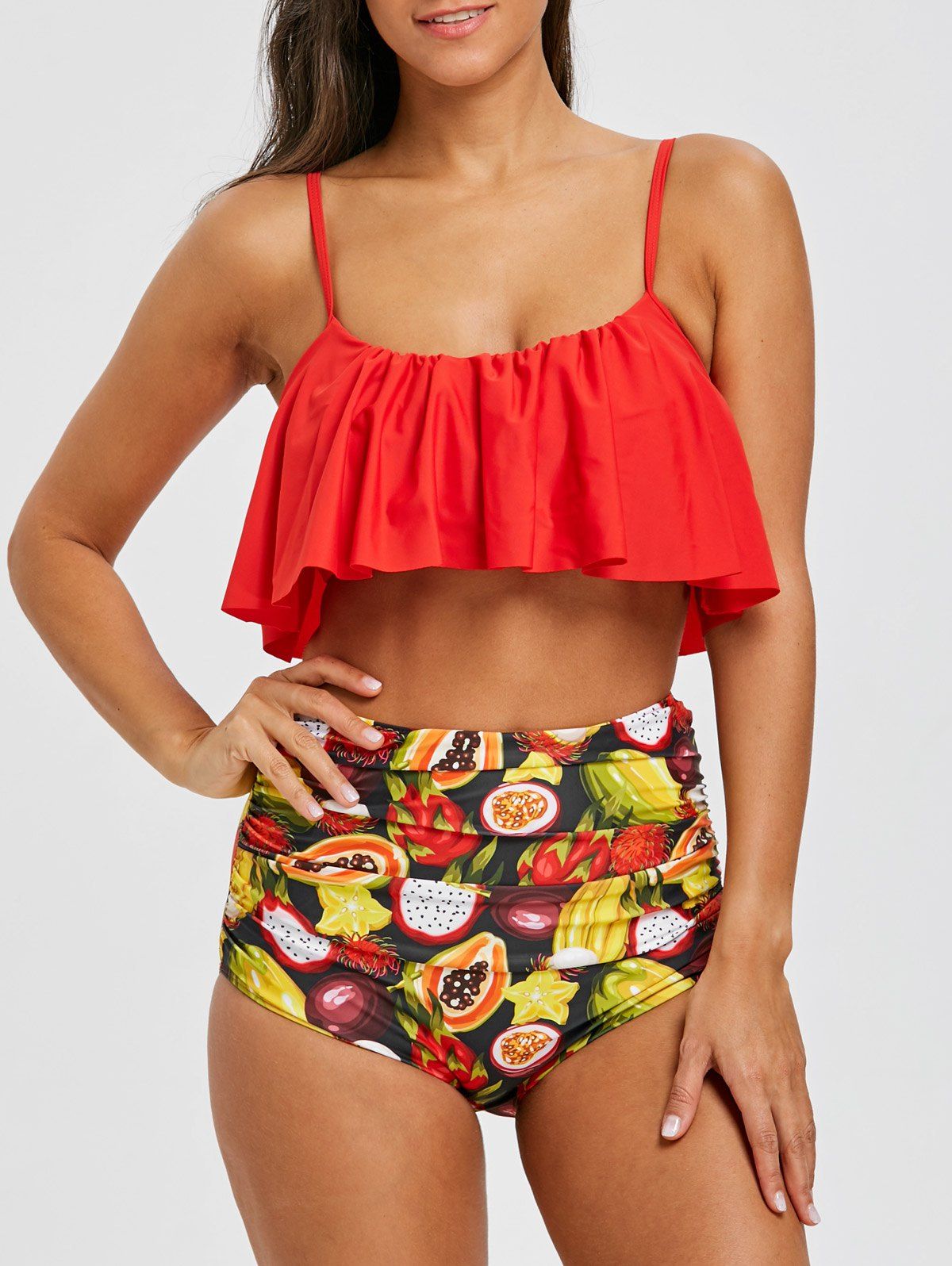 

Flounce Fruit Print High Waist Bikini Set, Red