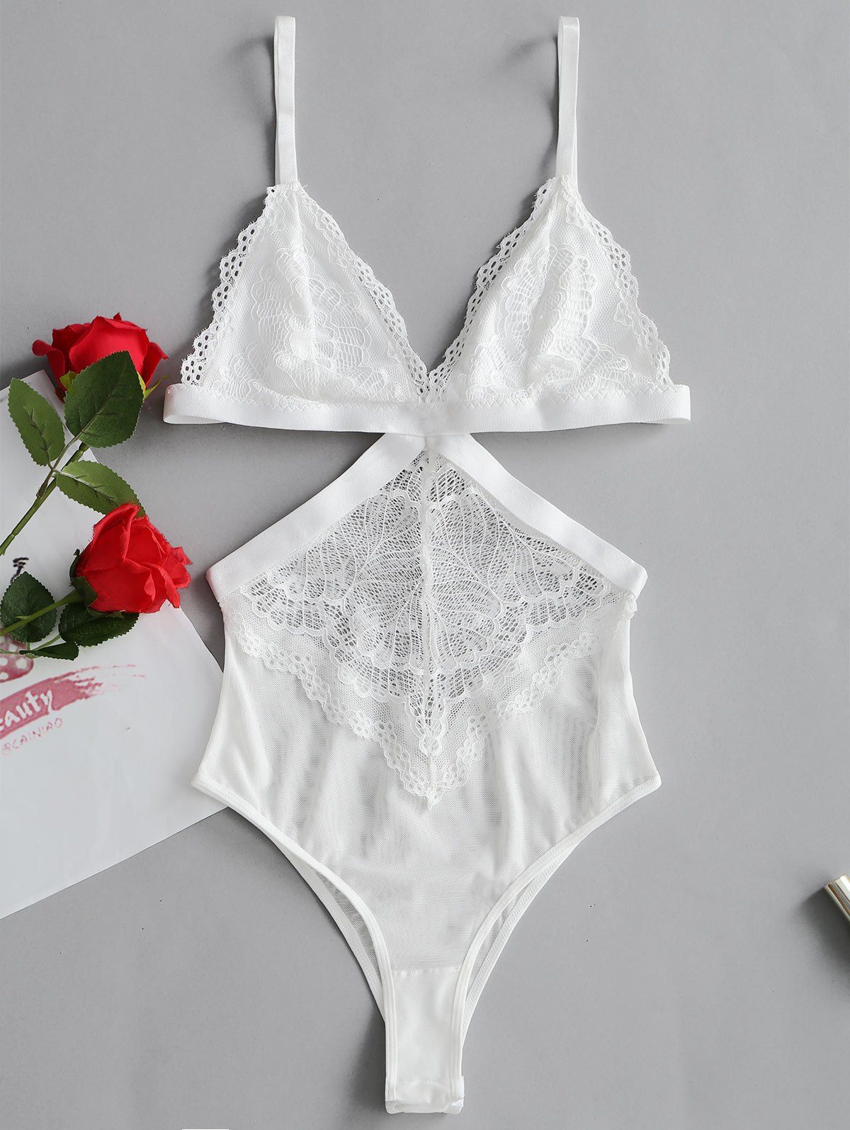 

Valentine Plunge Cutout Sheer Teddy, White