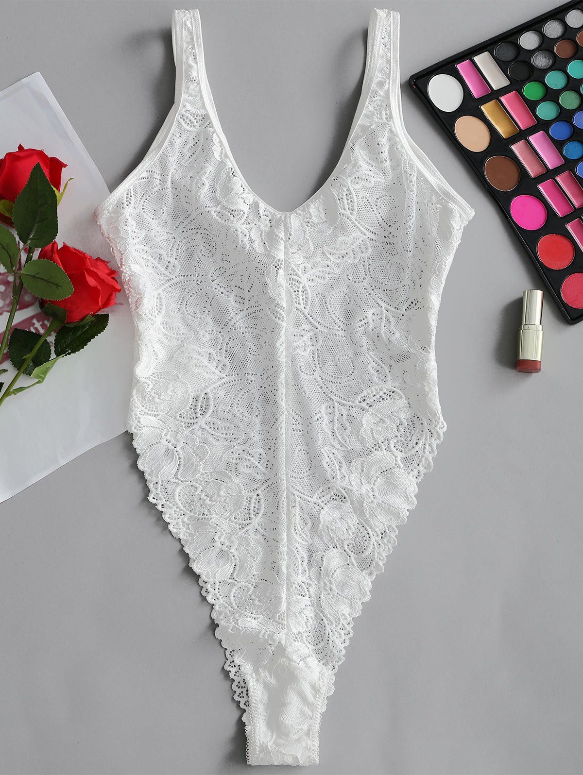 

Valentine Lace High Cut Lingerie Bodysuit, White