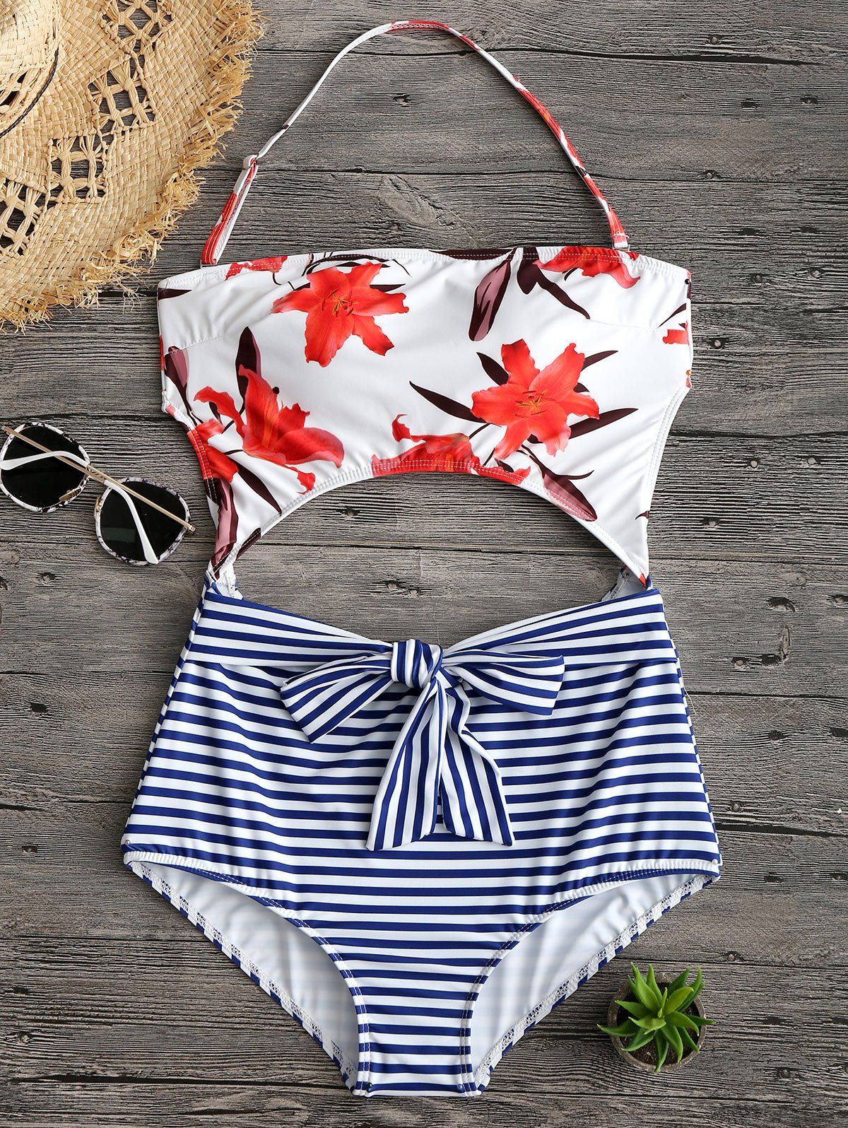 

Floral Stripe Print Cut Out Halter Swimwear, Colormix