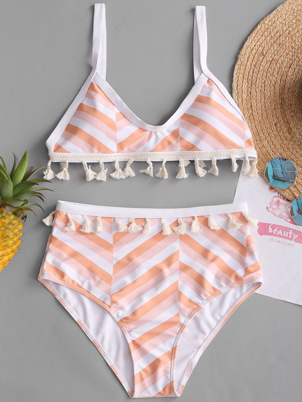 Ensemble Bikini à Taille Haute avec Pompons et Motif Zig Zag  