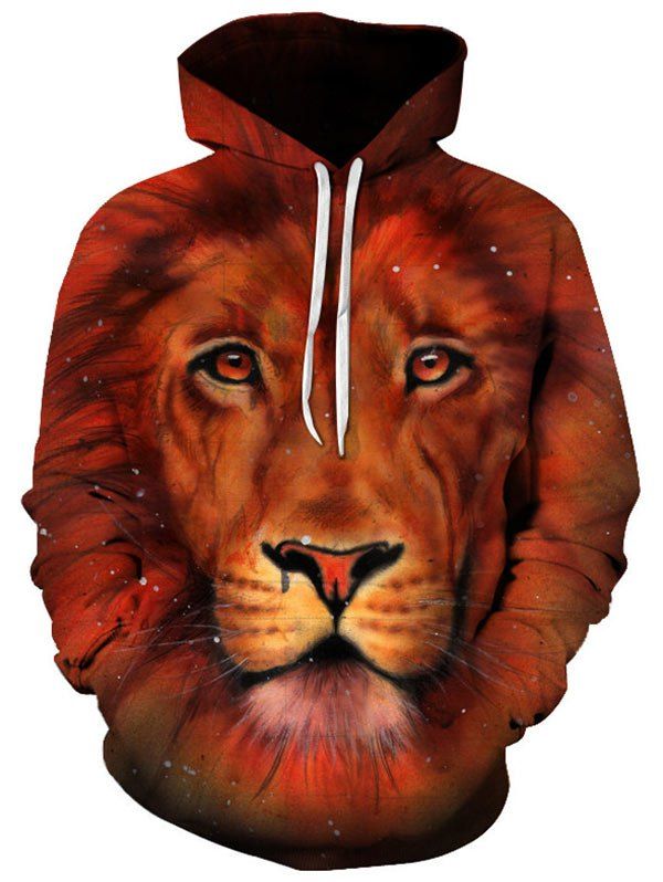 

Pullover Kangaroo Pocket 3D Lion Hoodie, Brown