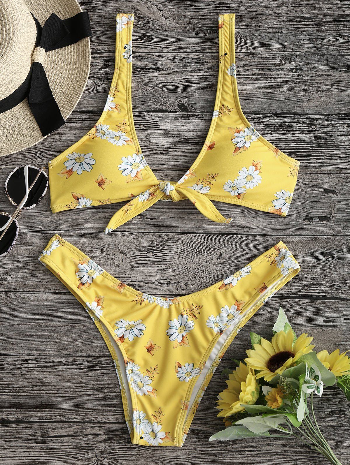 Daisy Print Tie Front Bikini [49% OFF] | Rosegal