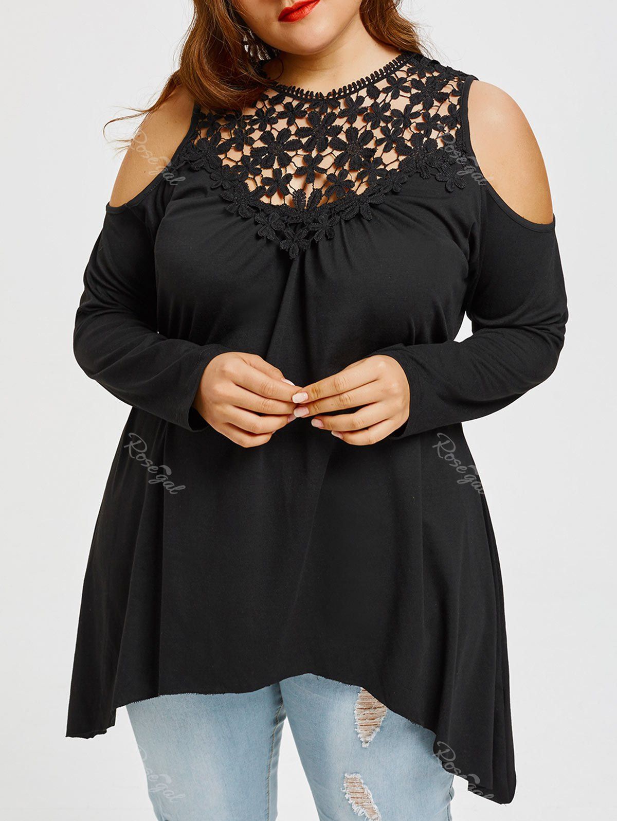 

Crochet Lace Panel Plus Size Tunic T-shirt, Black
