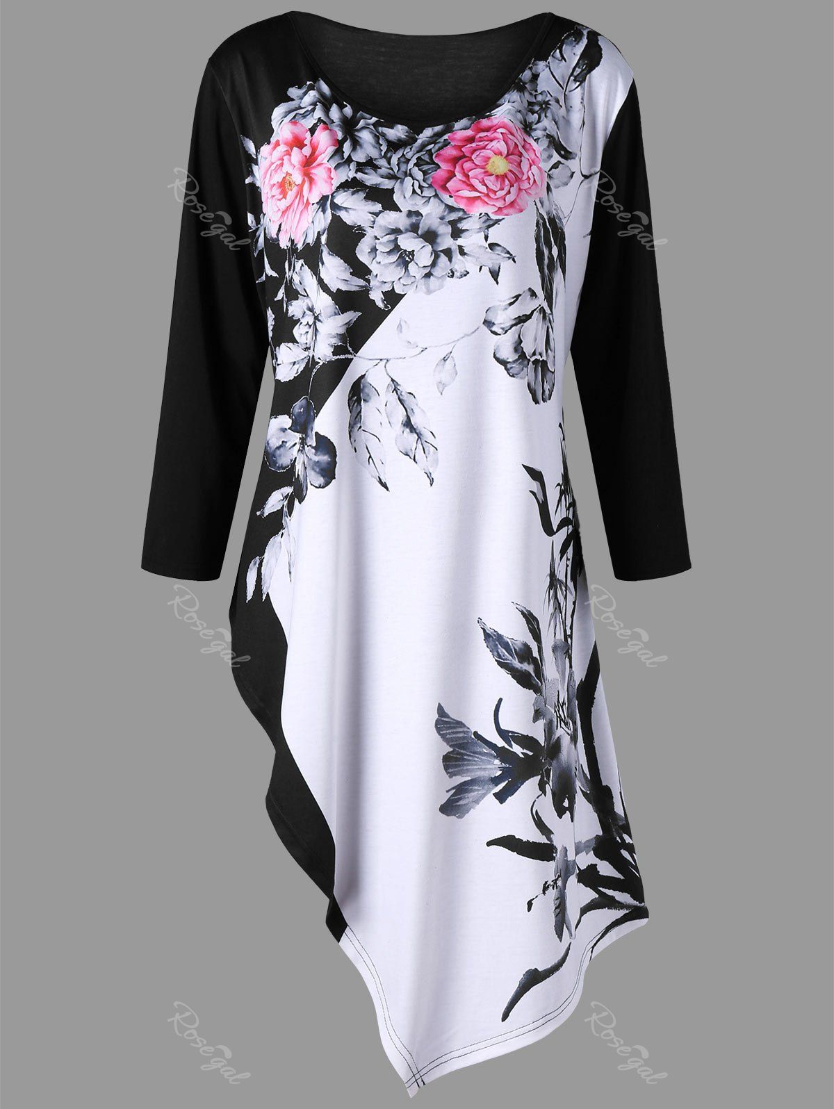 

Plus Size Asymmetric Floral Print Top, White and black