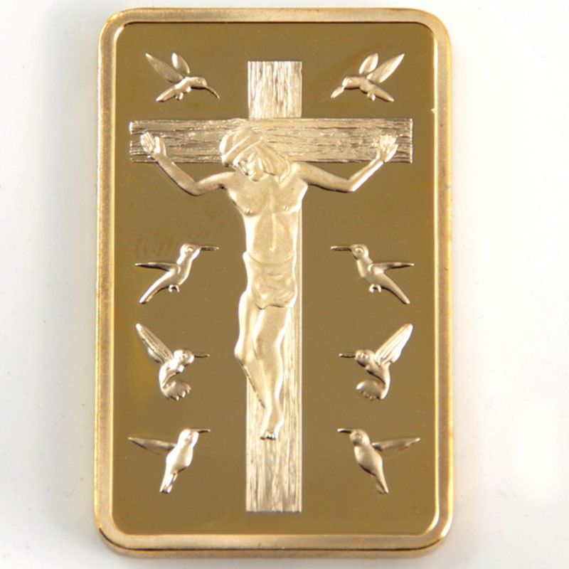 

Gold Plated Rectangle Shaped Bar Commemorative Jesus Cross Coin, Golden