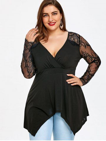 

Plus Size Lace Sleeve Tunic Surplice T-shirt, Black