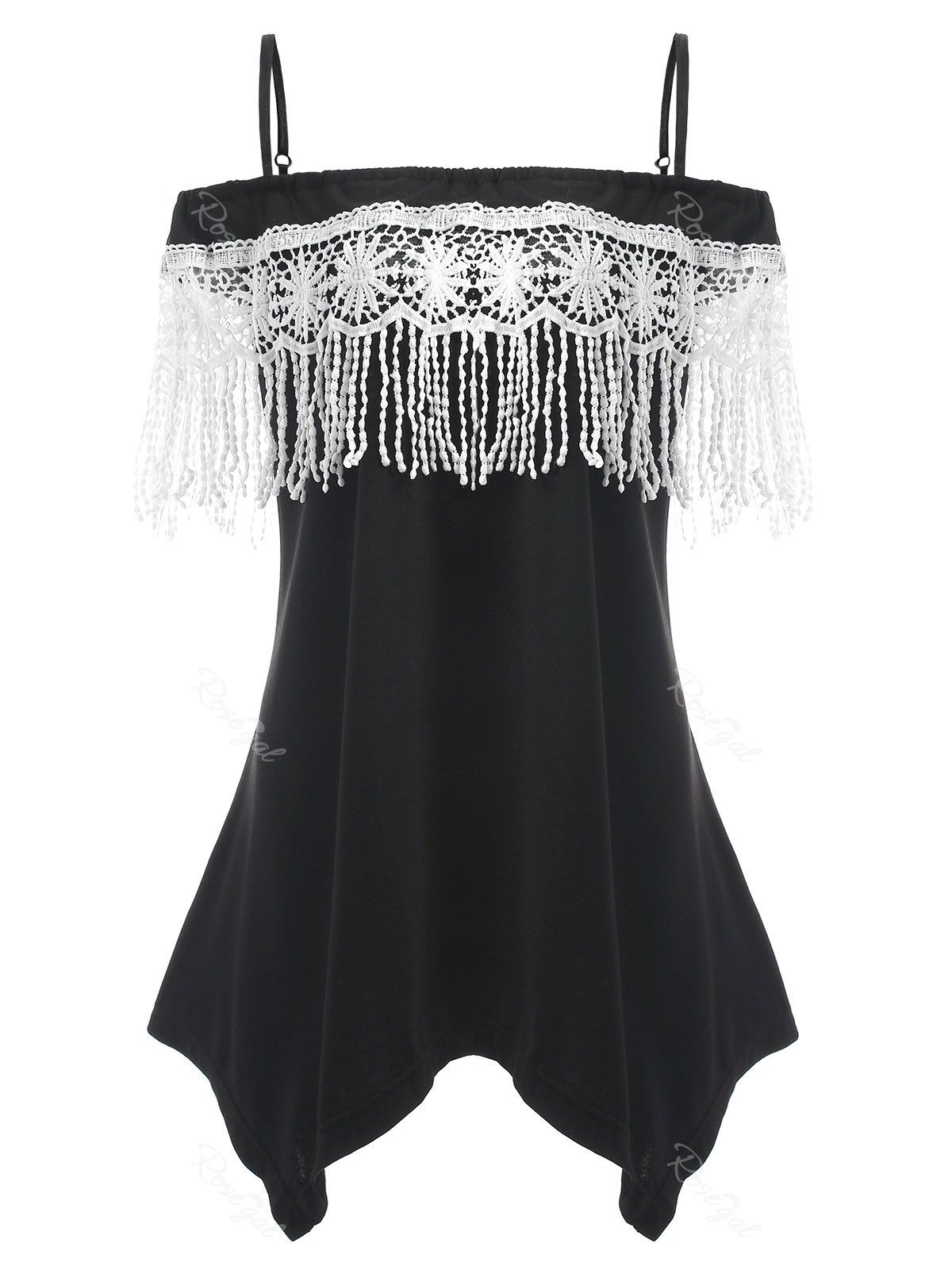 

Plus Size Asymmetric Fringe Crochet Cami, Black
