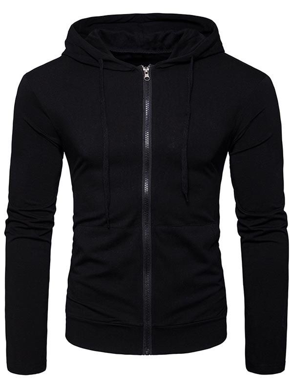 

Zip Up Kangaroo Pocket Drawstring Hoodie, Black