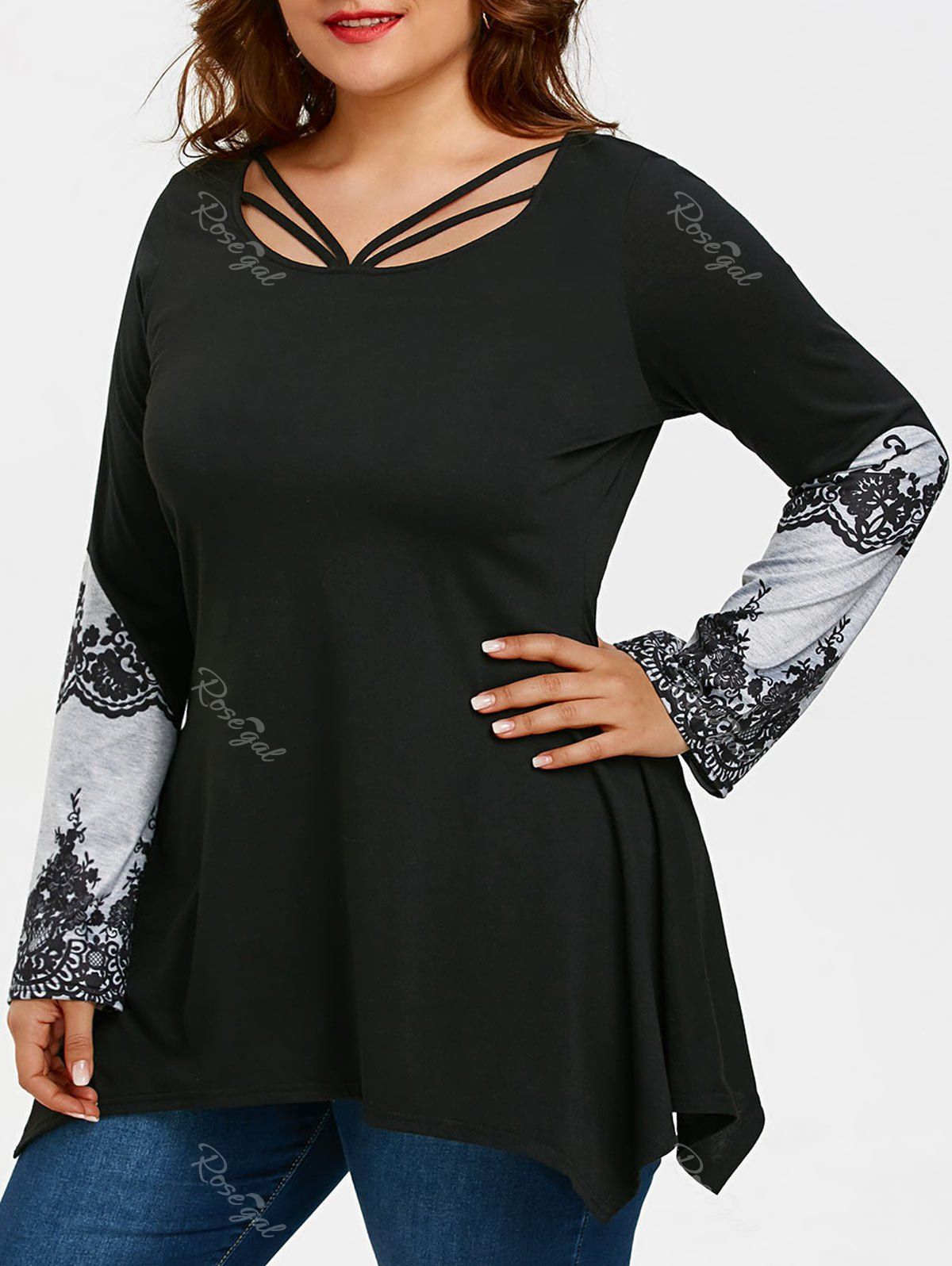 

Lace Print Lattice Cut Plus Size Asymmetrical T-shirt, Black