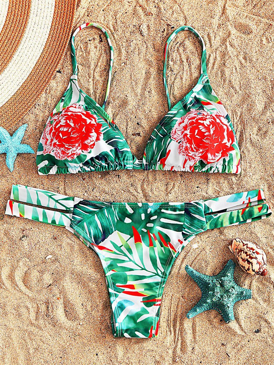 Trendy Floral Strappy String Bikini Set  