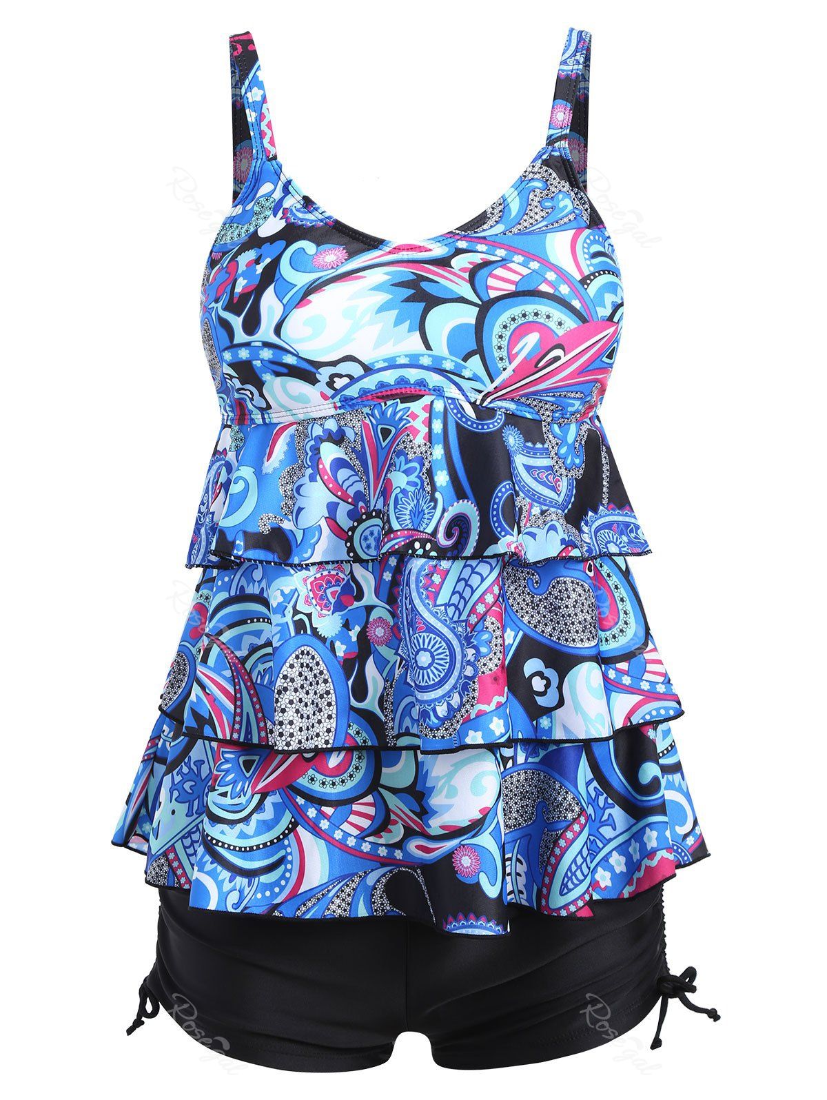 

Printed Plus Size Tier Flounce Tankini Set, Colormix