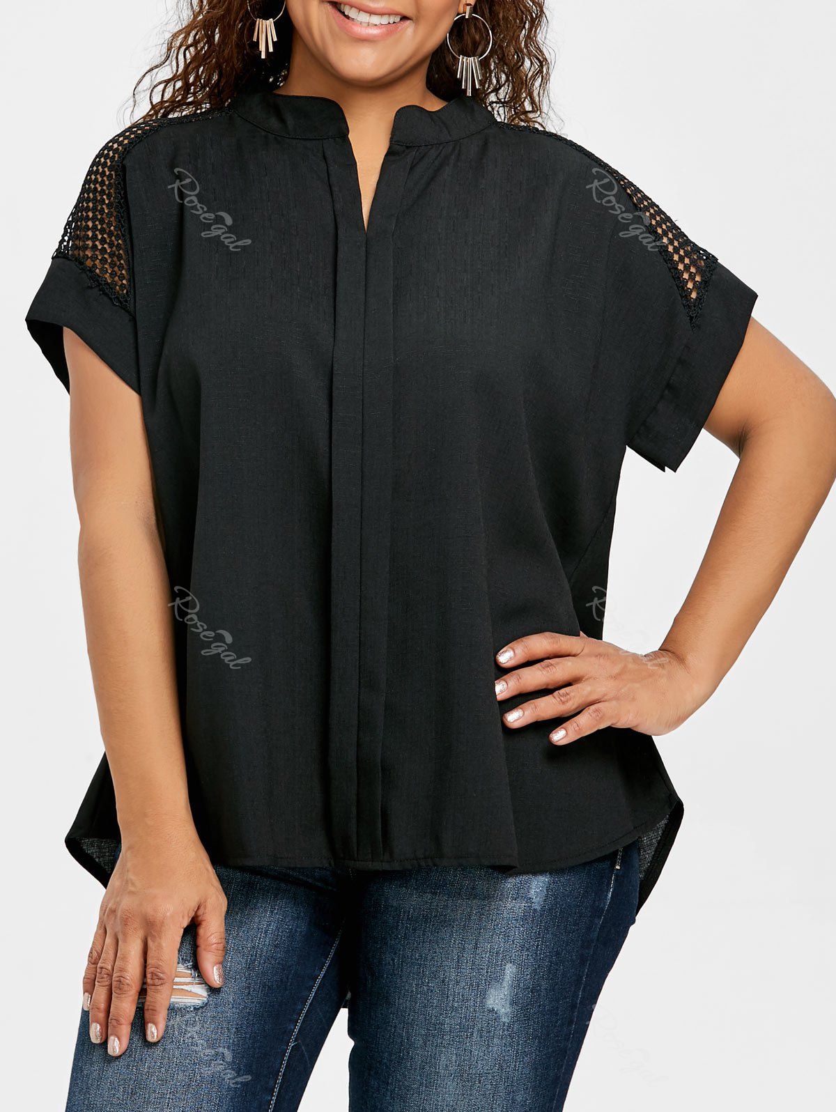 

Plus Size High Low Crochet Blouse, Black