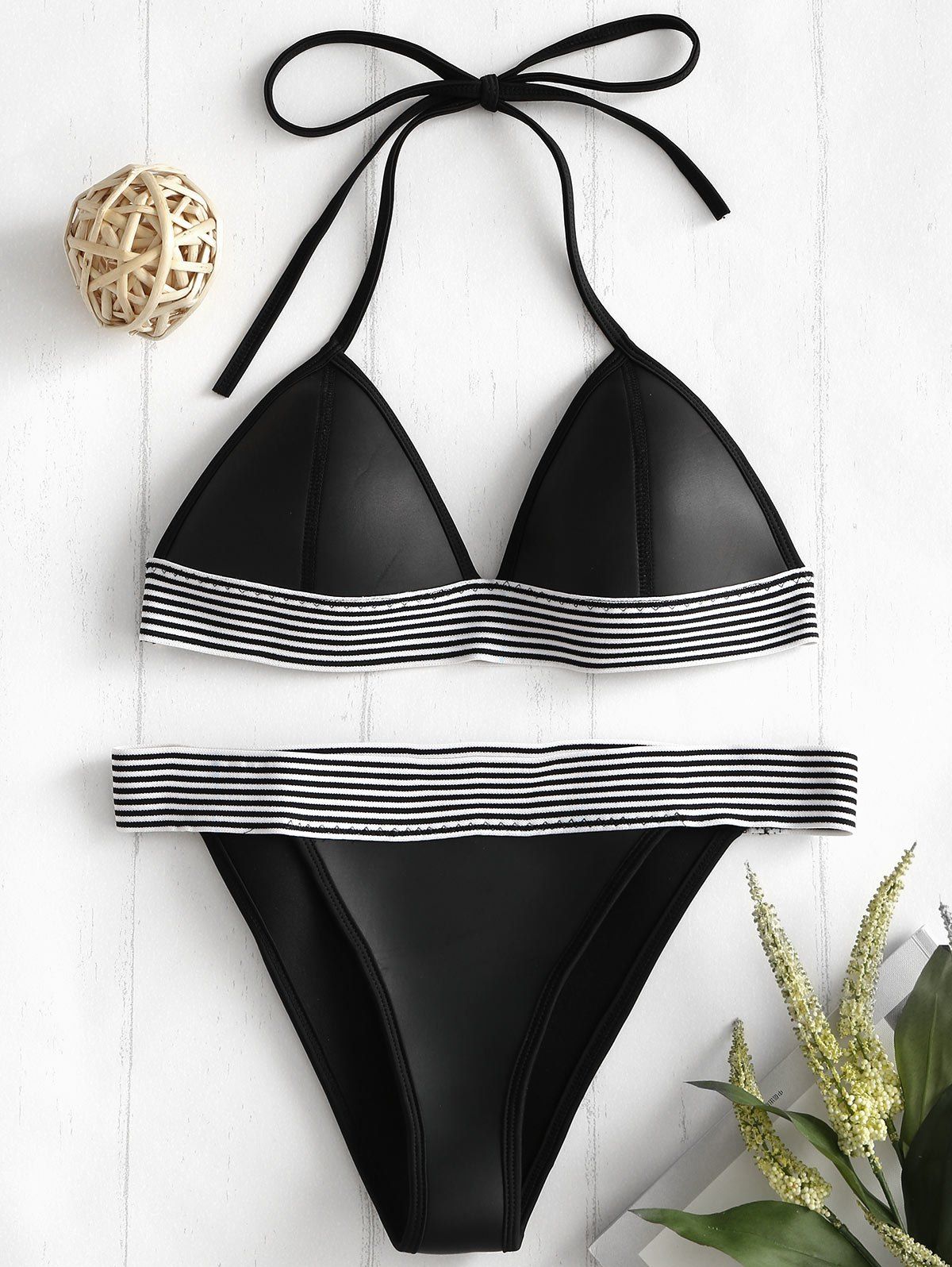 

Halter Low Waist Stripe Trim Bikini Set, Black