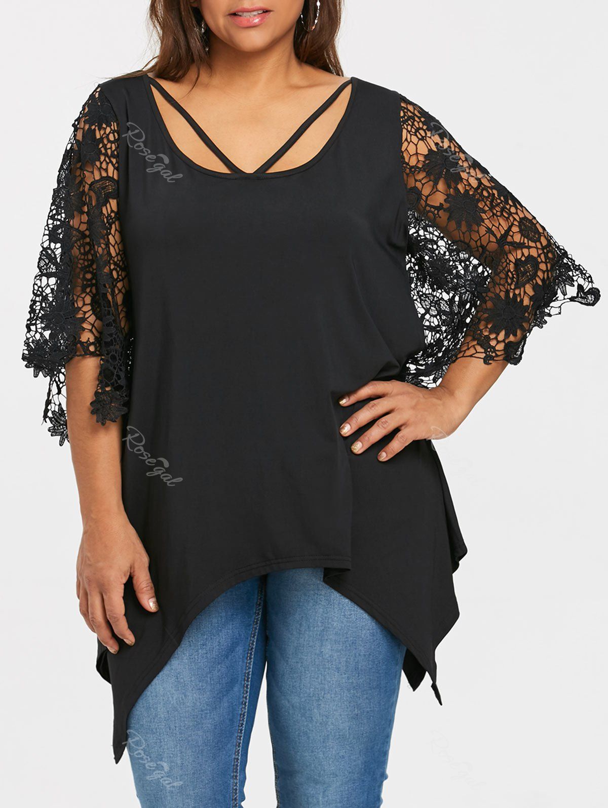2019 plus size asymmetrical lace panel t shirt