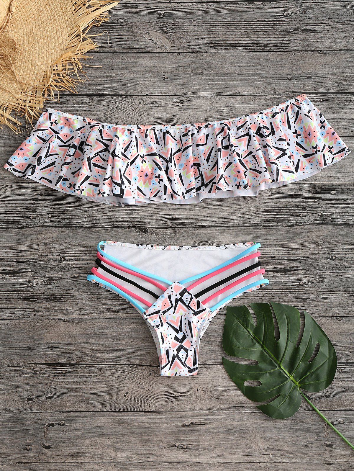 

Geometric Print Off The Shoulder Flounce Bikini, Colormix