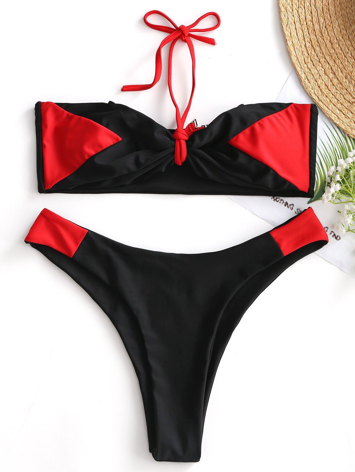 

Two Tone Padded Bandeau Bikini Set, Red with black