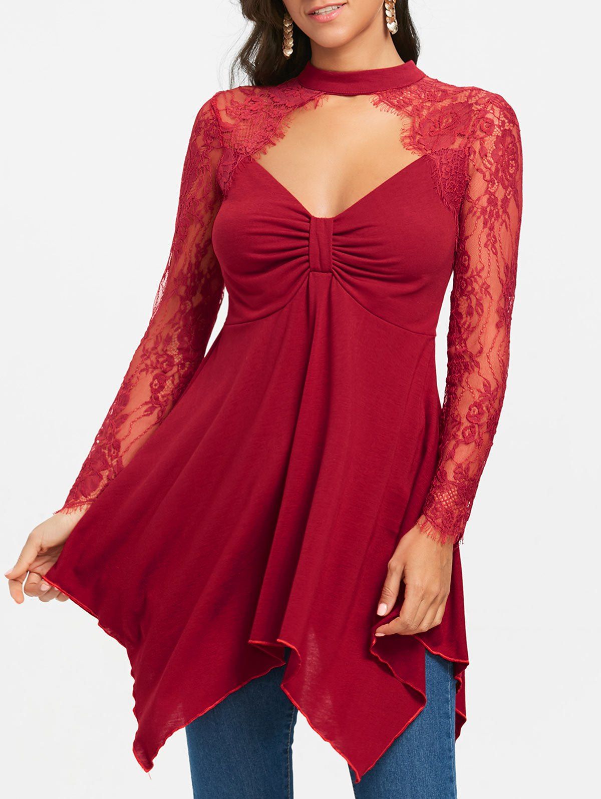 

Cut Out Lace Panel Handkerchief Tunic T-shirt, Wine red