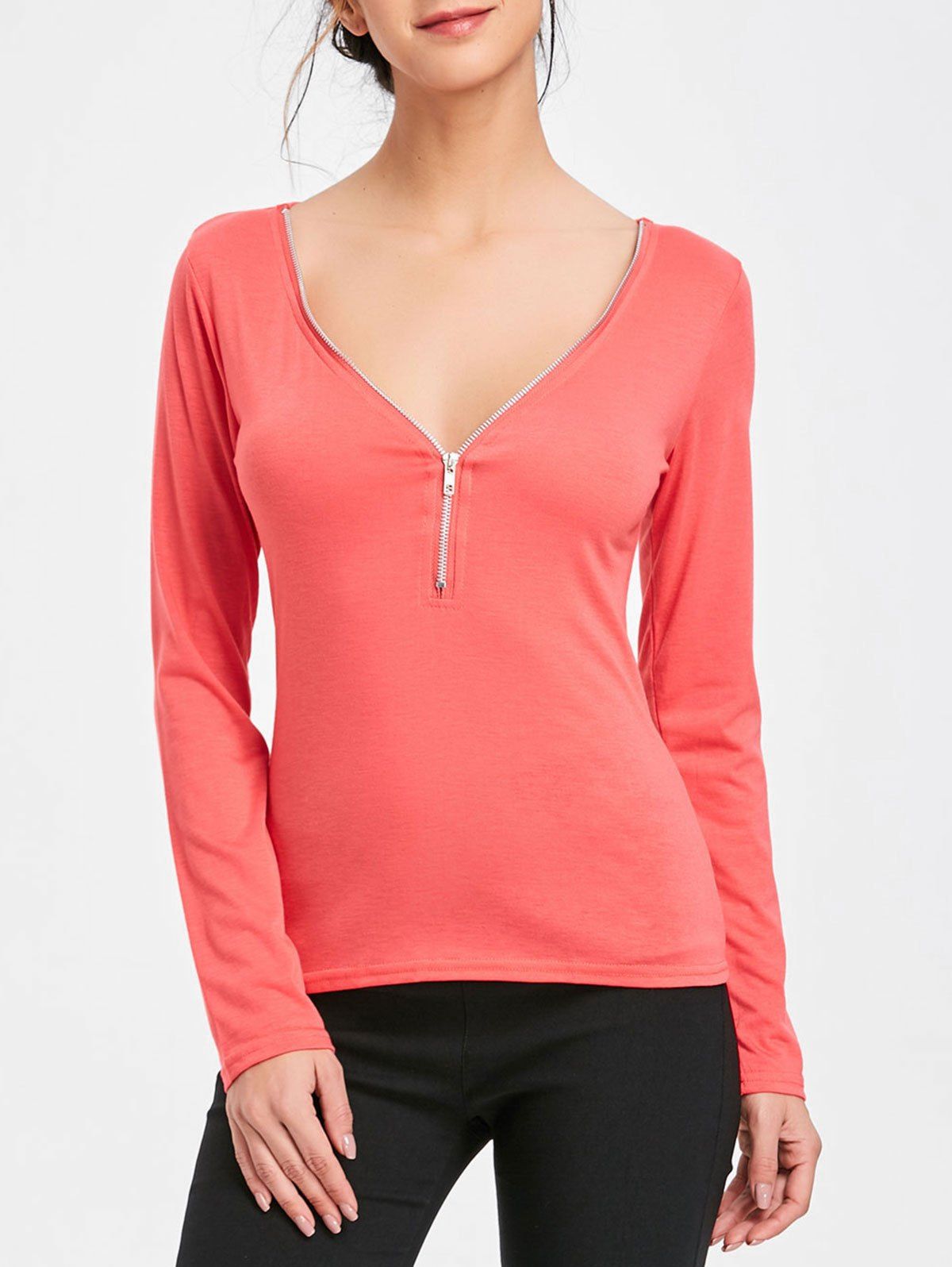 

Long Sleeve Zipped V Neck Top, Watermelon red