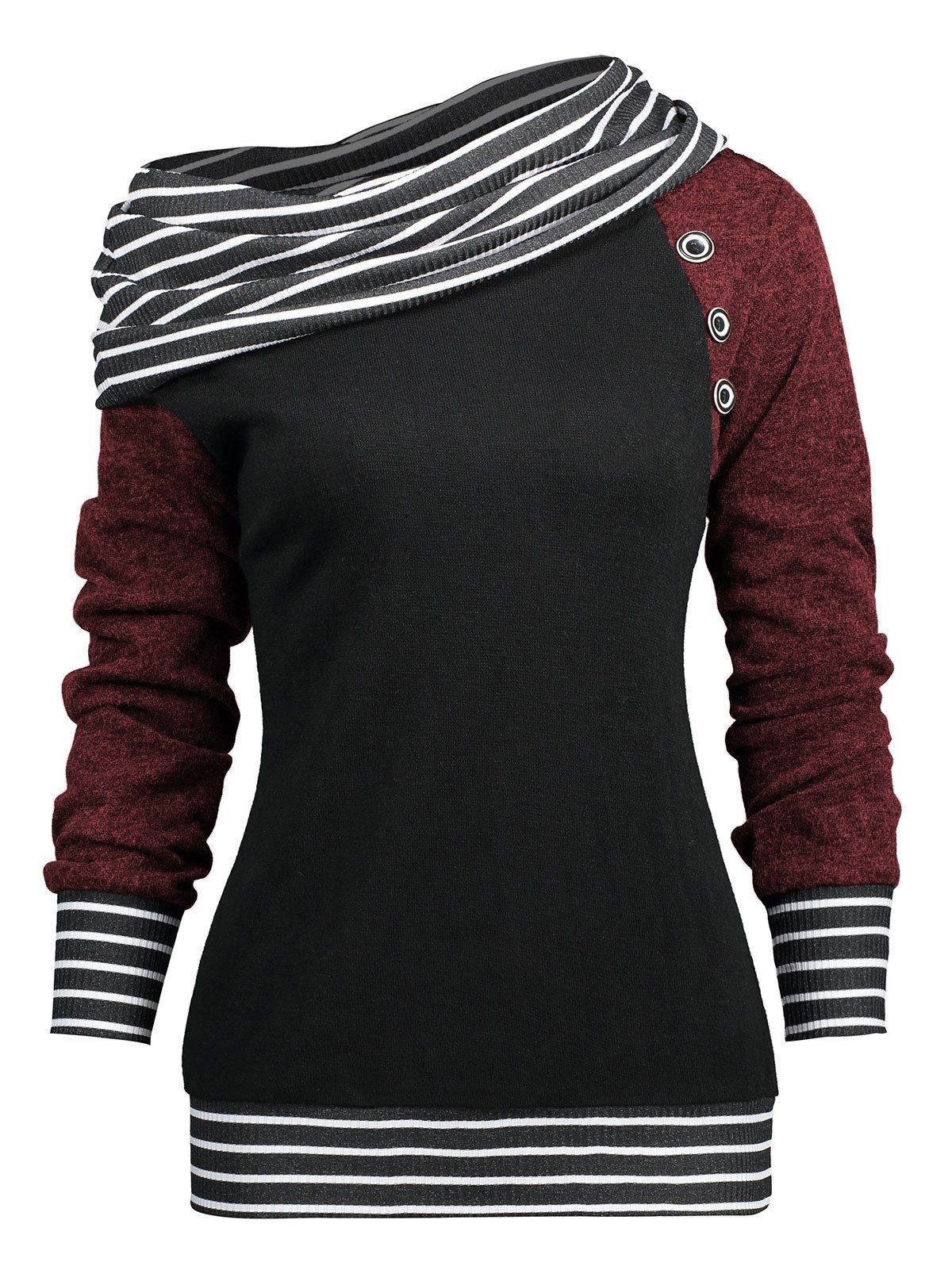 

Raglan Sleeve Stripe Trim Skew Neck T-shirt, Burgundy
