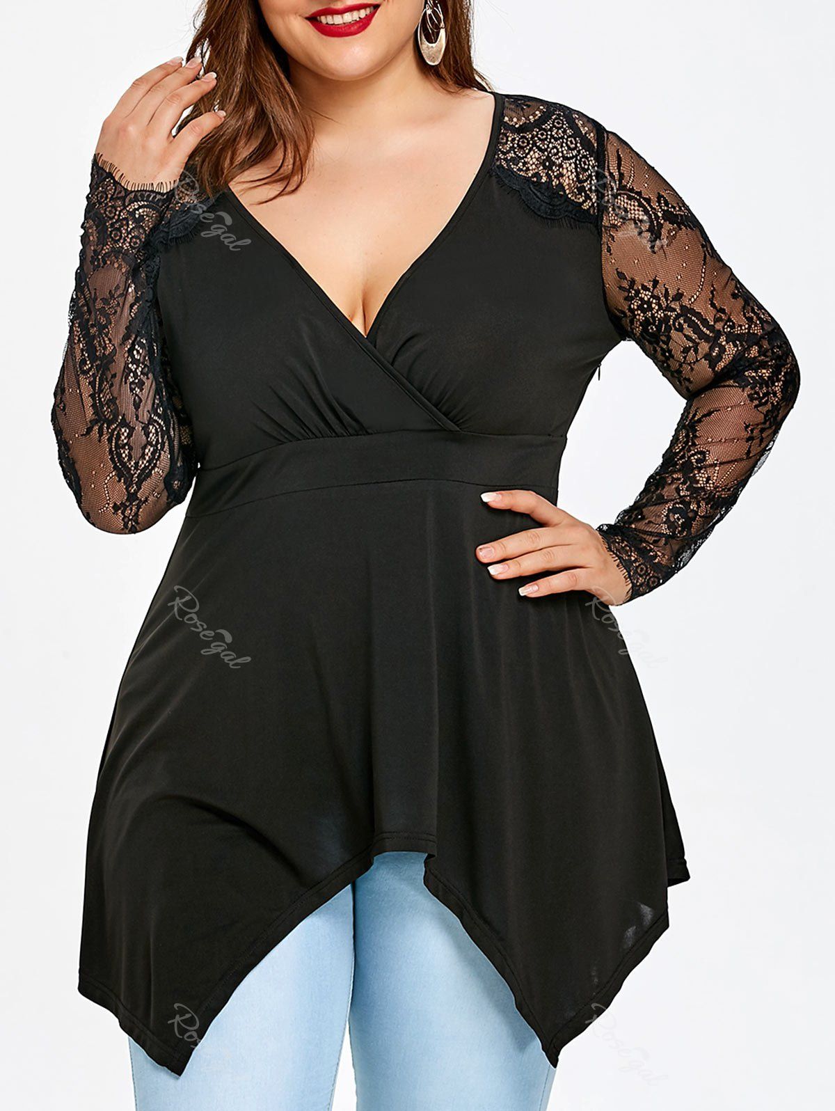 [46% OFF] Plus Size Lace Sleeve Tunic Surplice T-shirt | Rosegal
