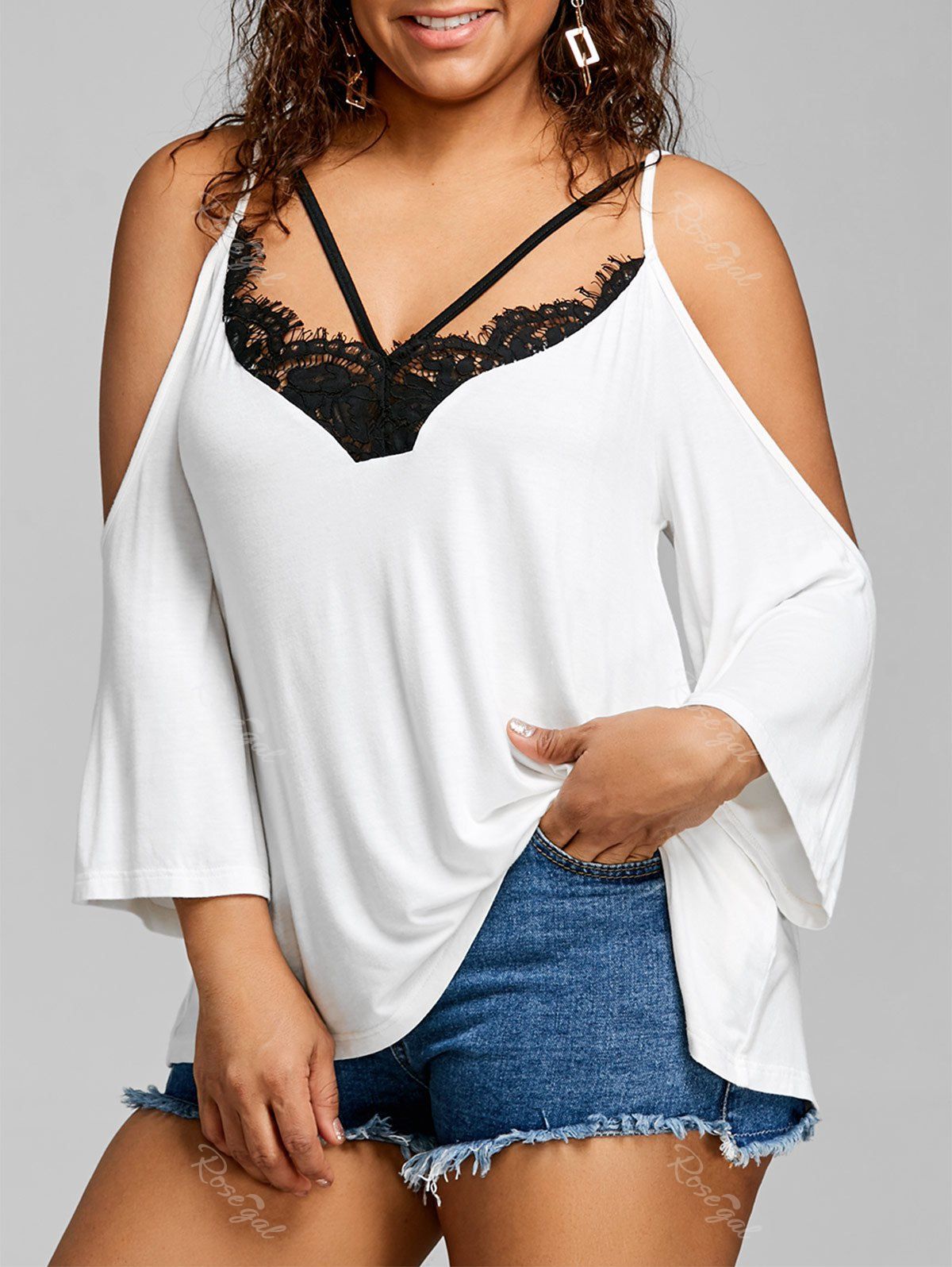 

Plus Size Strappy Open Shoulder Tee, White