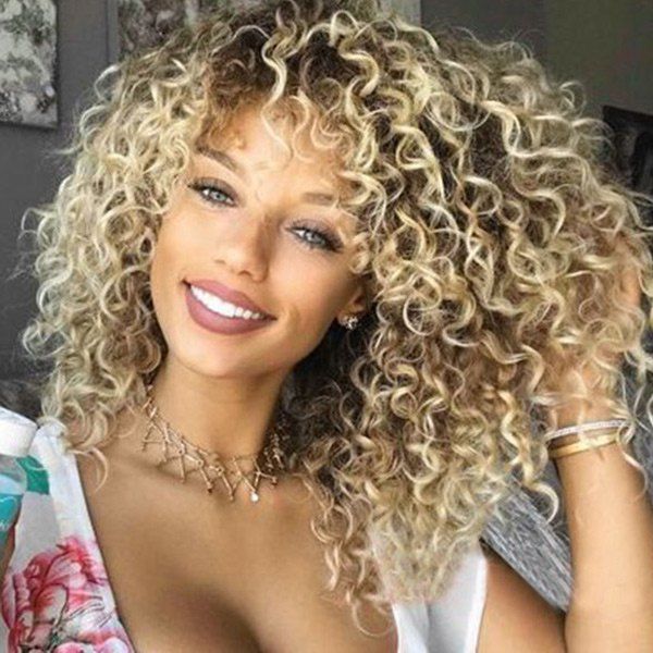 

Medium Side Bang Colormix Fluffy Afro Kinky Curly Synthetic Wig, Gradient color