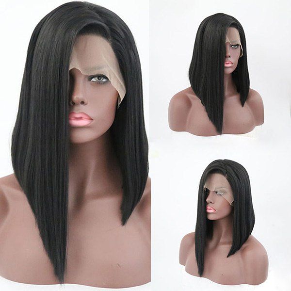 

Medium Side Parting Asymmetric Straight Lace Front Synthetic Wig, Black