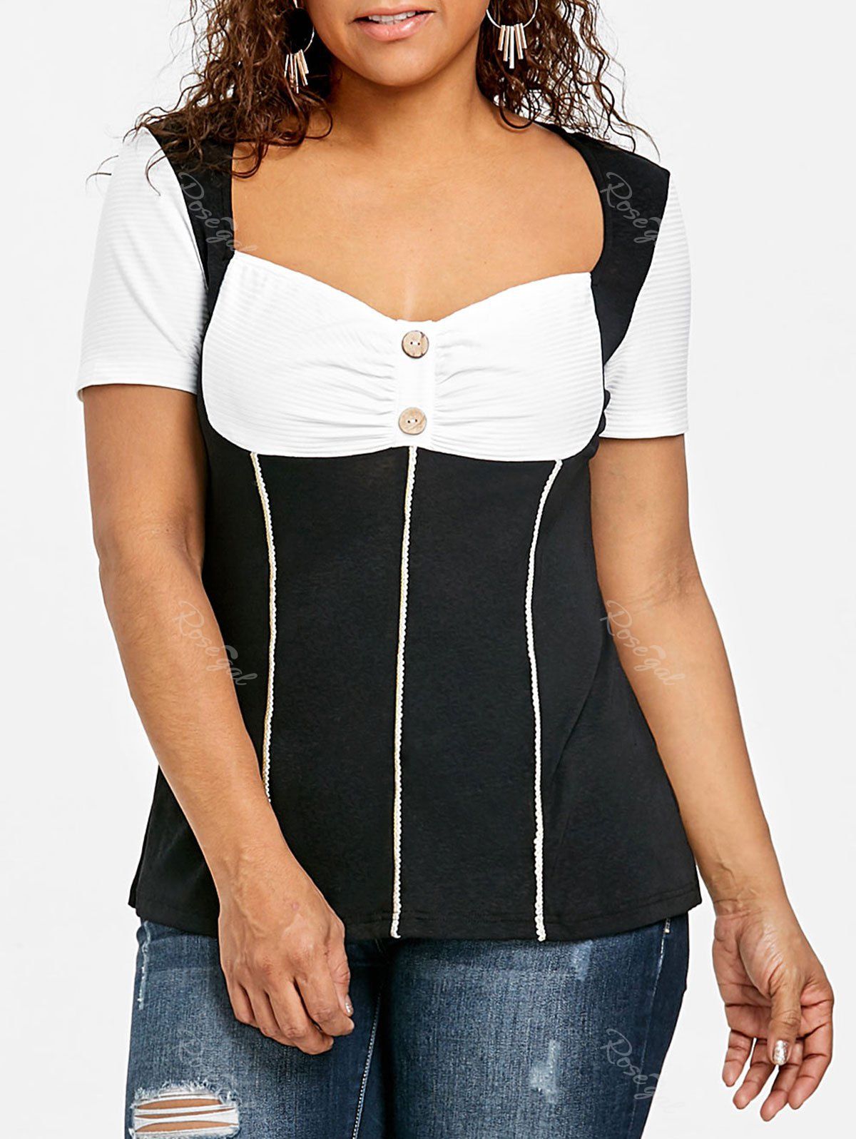 

Plus Size Sweetheart Neck Empire Waist T-shirt, White and black