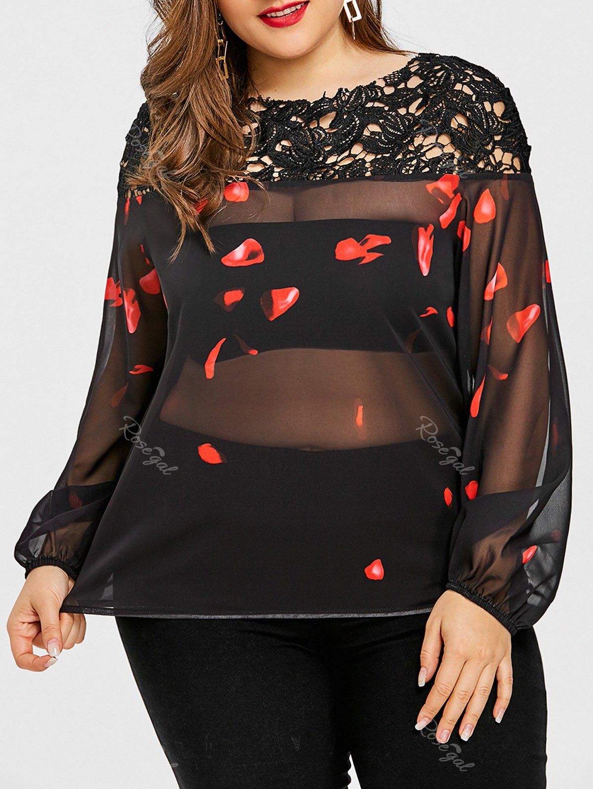 

Valentine Crochet Yoke Petal Print Plus Size Blouse, Black