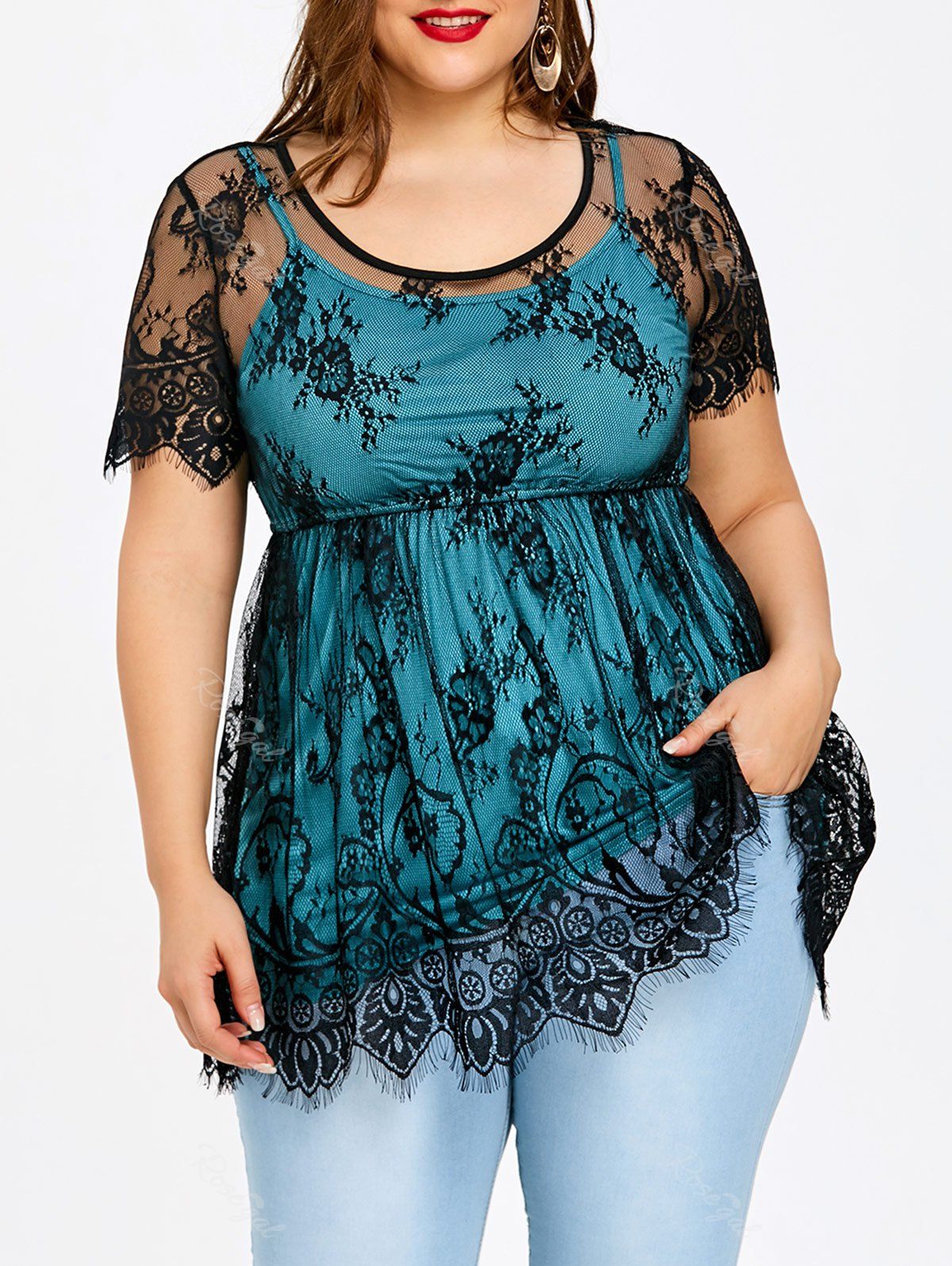 

Plus Size Eyelash Lace Overlay Top, Blue and black