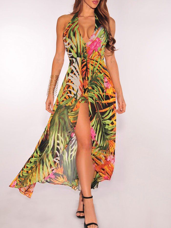 

Leaf Print High Slit Halter Maxi Dress, Green