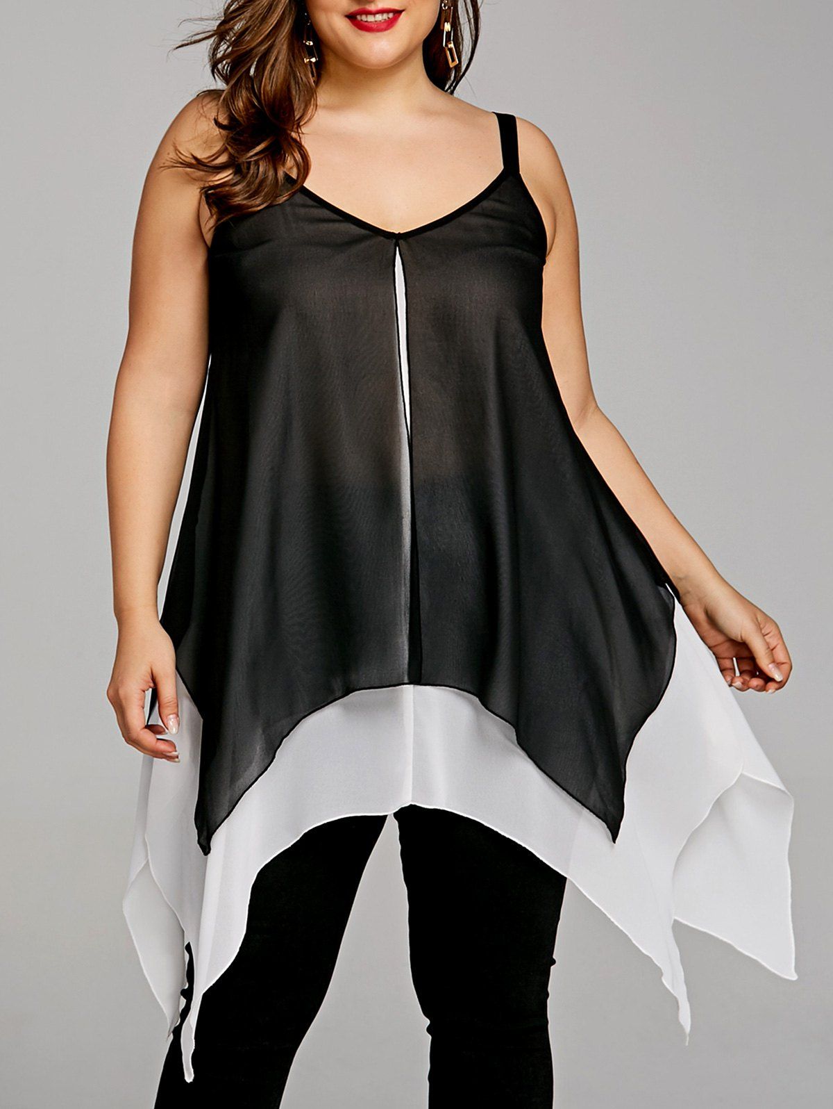 

Plus Size Two Tone Handkerchief Hem Tank Top, White and black