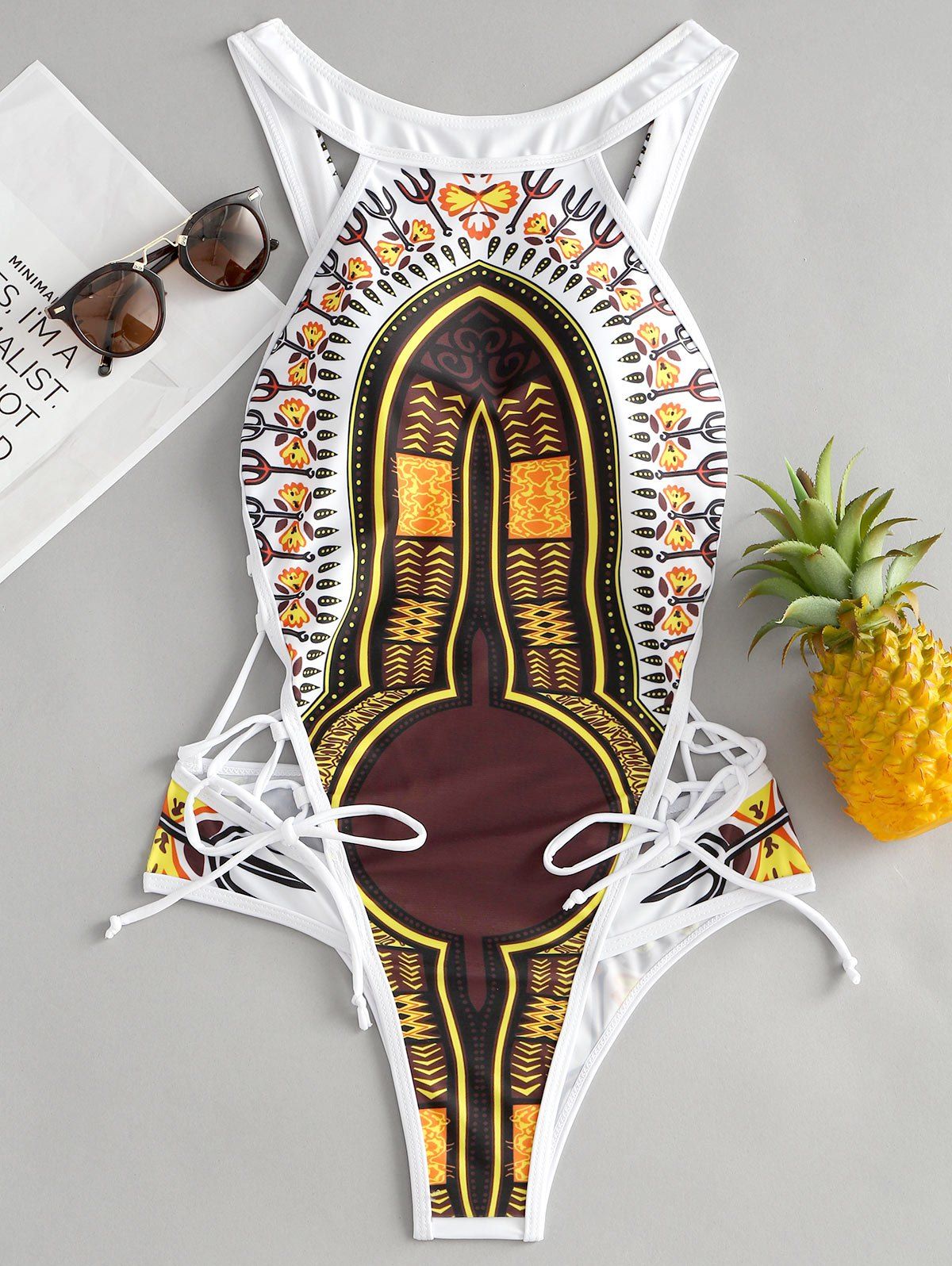 

Caged Lace-up Aztec Print One Piece Swimsuit, White