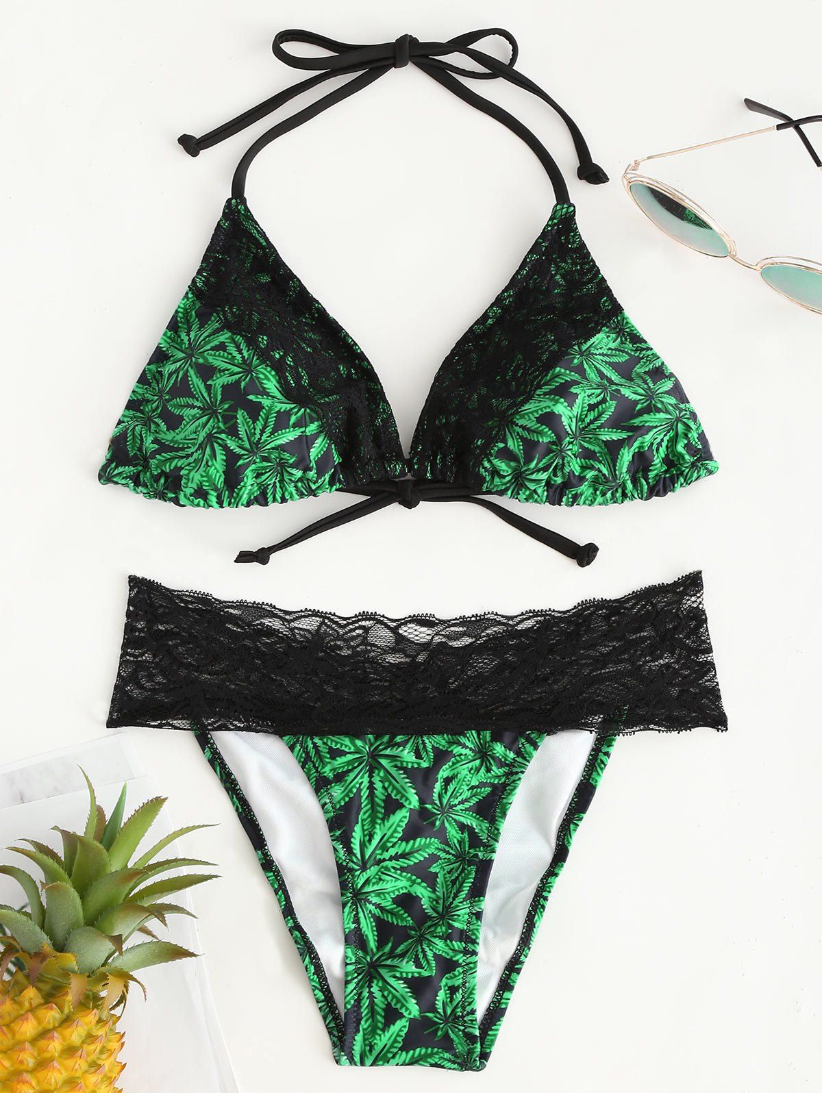 

Leaves Print Lace Insert Bikini Set, Black and green